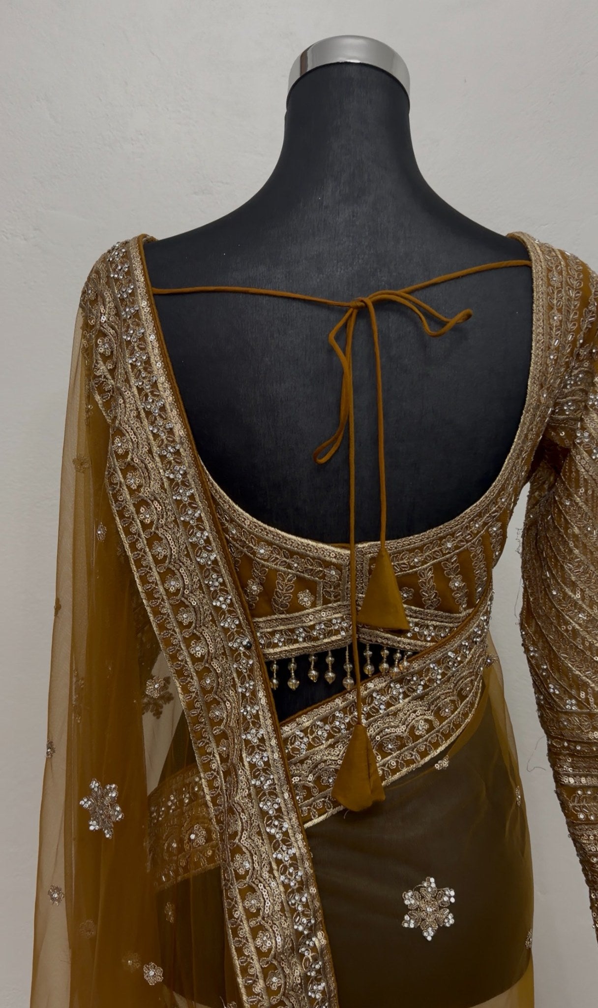 Mustard organza saree with gold zari border and white sequin floral motifs, heavy embellished blouse — Behuli Australia — view 2