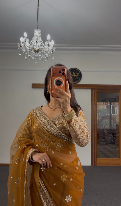 Mustard organza saree with gold zari border and white sequin floral motifs, heavy embellished blouse — Behuli Australia — view 3