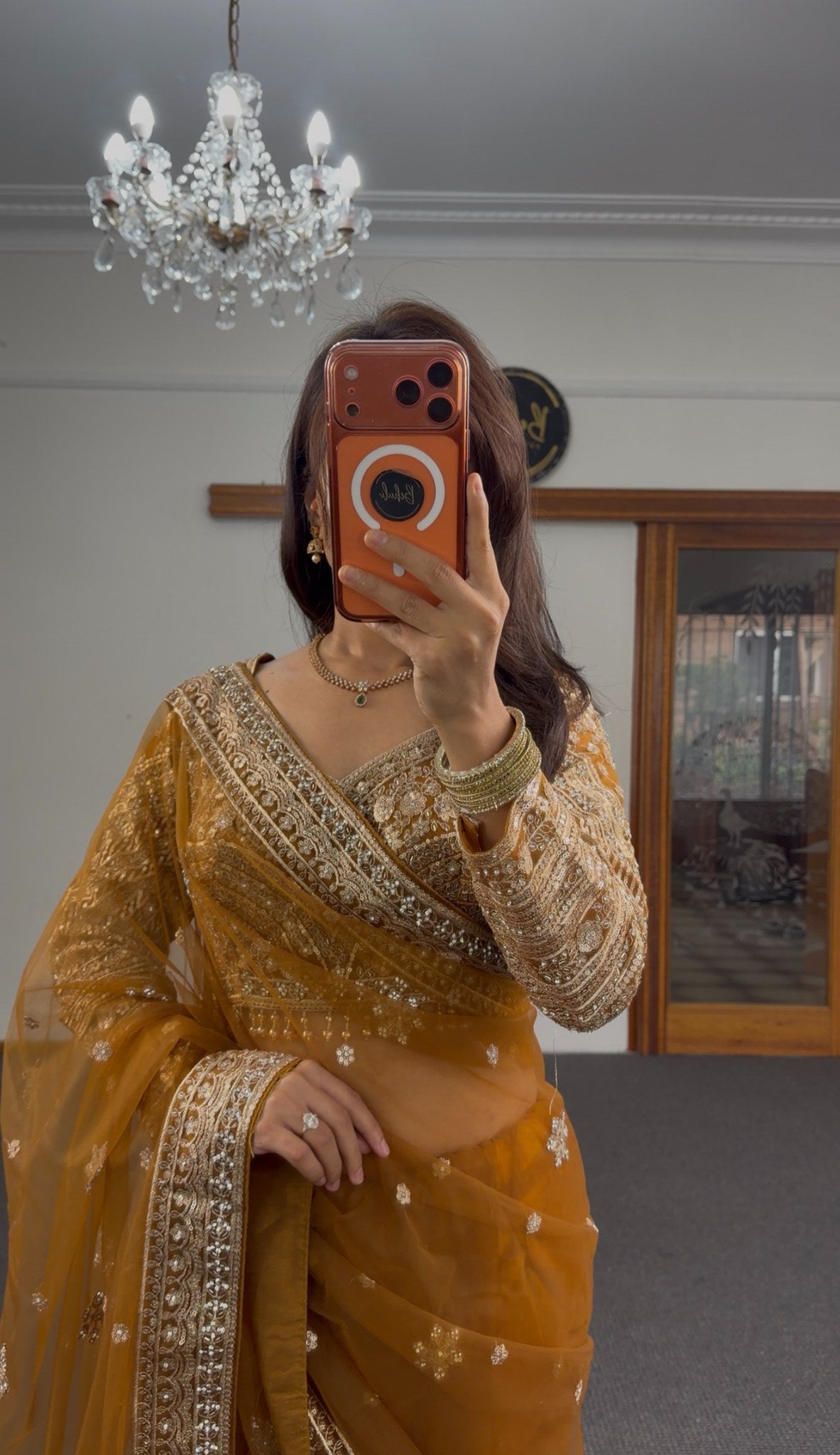 Mustard organza saree with gold zari border and white sequin floral motifs, heavy embellished blouse — Behuli Australia — view 7