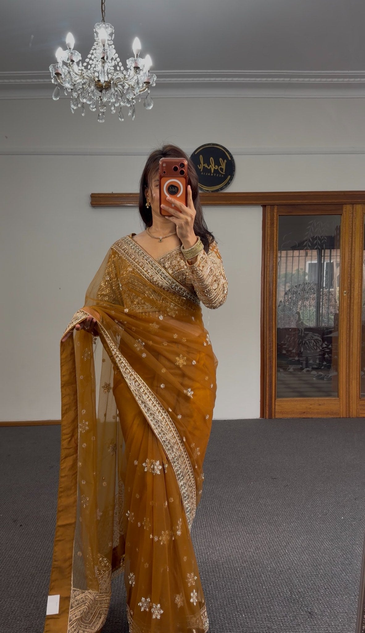 Mustard organza saree with gold zari border and white sequin floral motifs, heavy embellished blouse — Behuli Australia — view 4