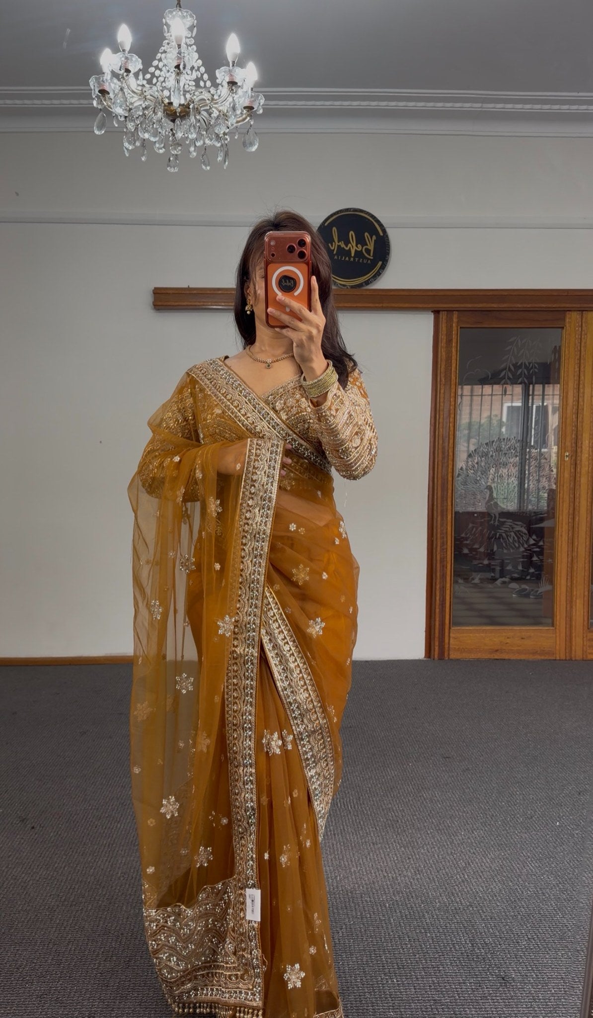 Mustard organza saree with gold zari border and white sequin floral motifs, heavy embellished blouse — Behuli Australia — view 5