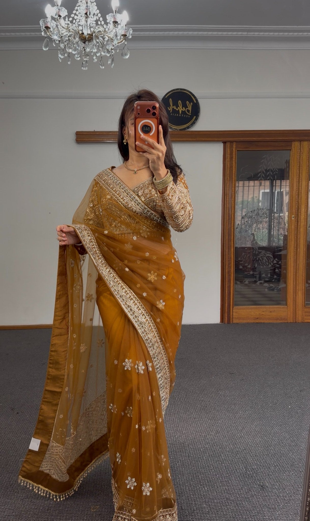 Mustard organza saree with gold zari border and white sequin floral motifs, heavy embellished blouse — Behuli Australia — view 6