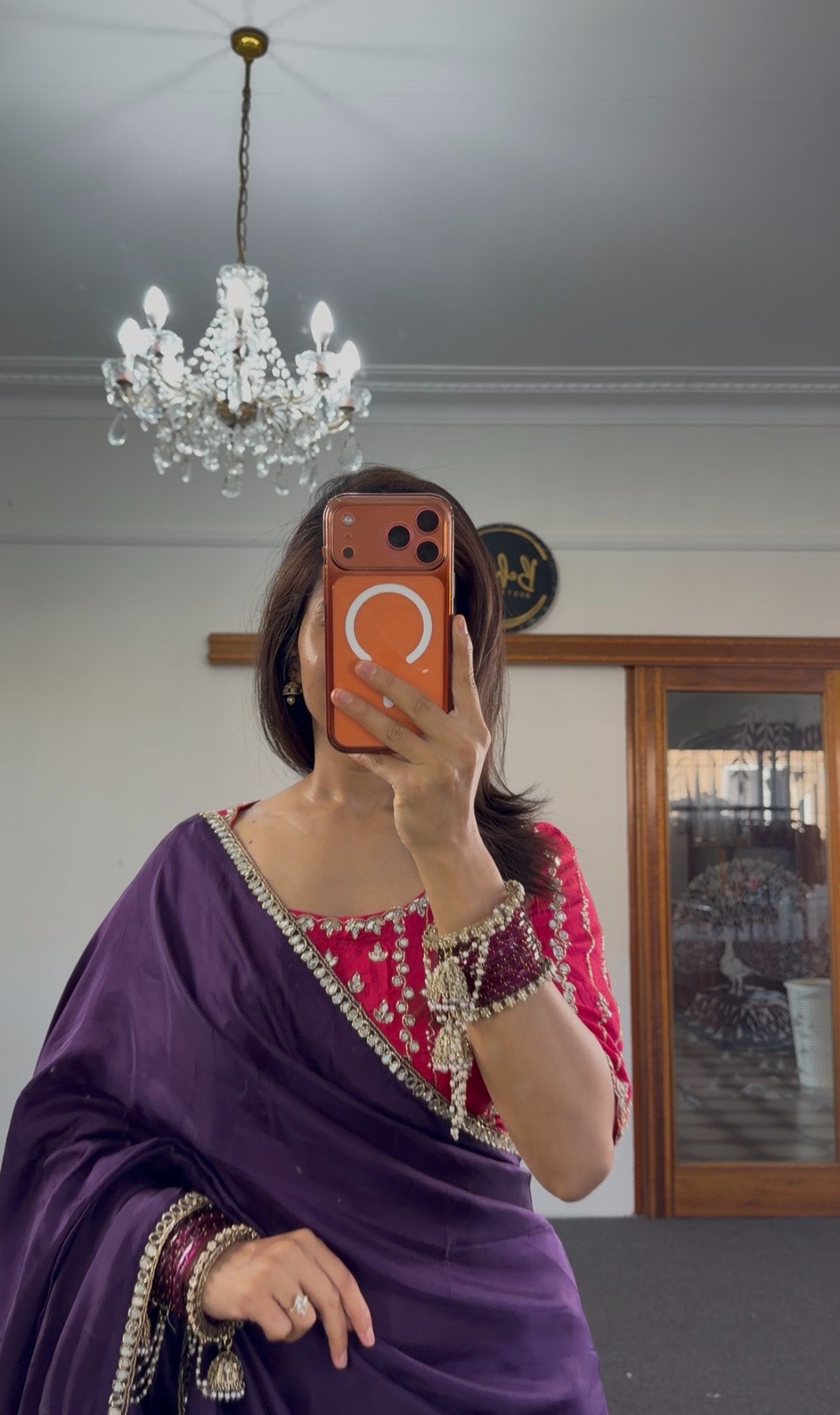 Deep purple raw silk saree with silver zari border and fuchsia pink embroidered blouse — Behuli Australia — view 2