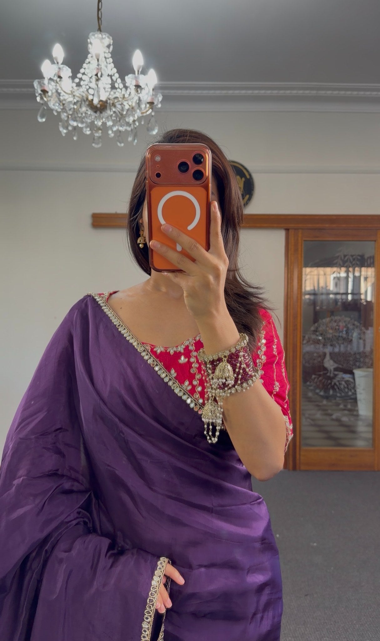 Deep purple raw silk saree with silver zari border and fuchsia pink embroidered blouse — Behuli Australia — view 3