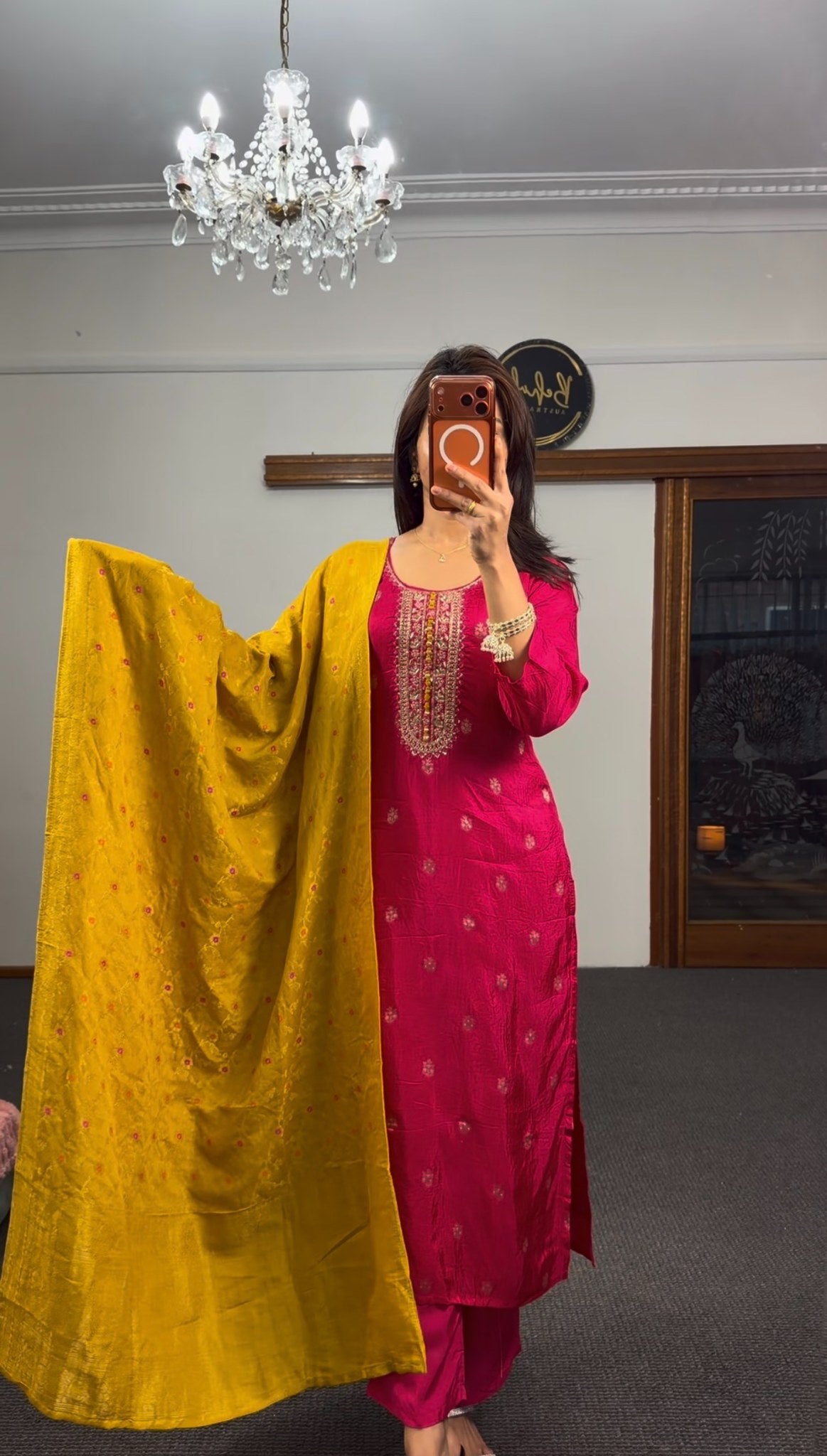 Fuchsia pure silk kurti set with zari kundan neckline embroidery and mustard chanderi dupatta — Behuli Australia — view 8