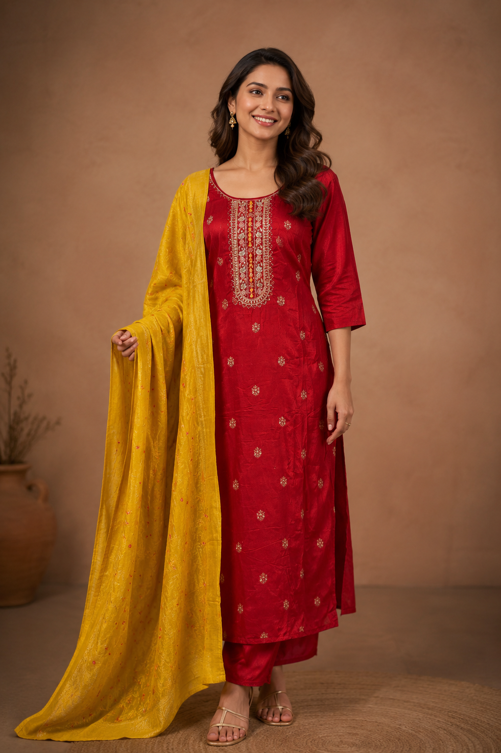 Fuchsia pure silk kurti set with zari kundan neckline embroidery and mustard chanderi dupatta — Behuli Australia — view 12