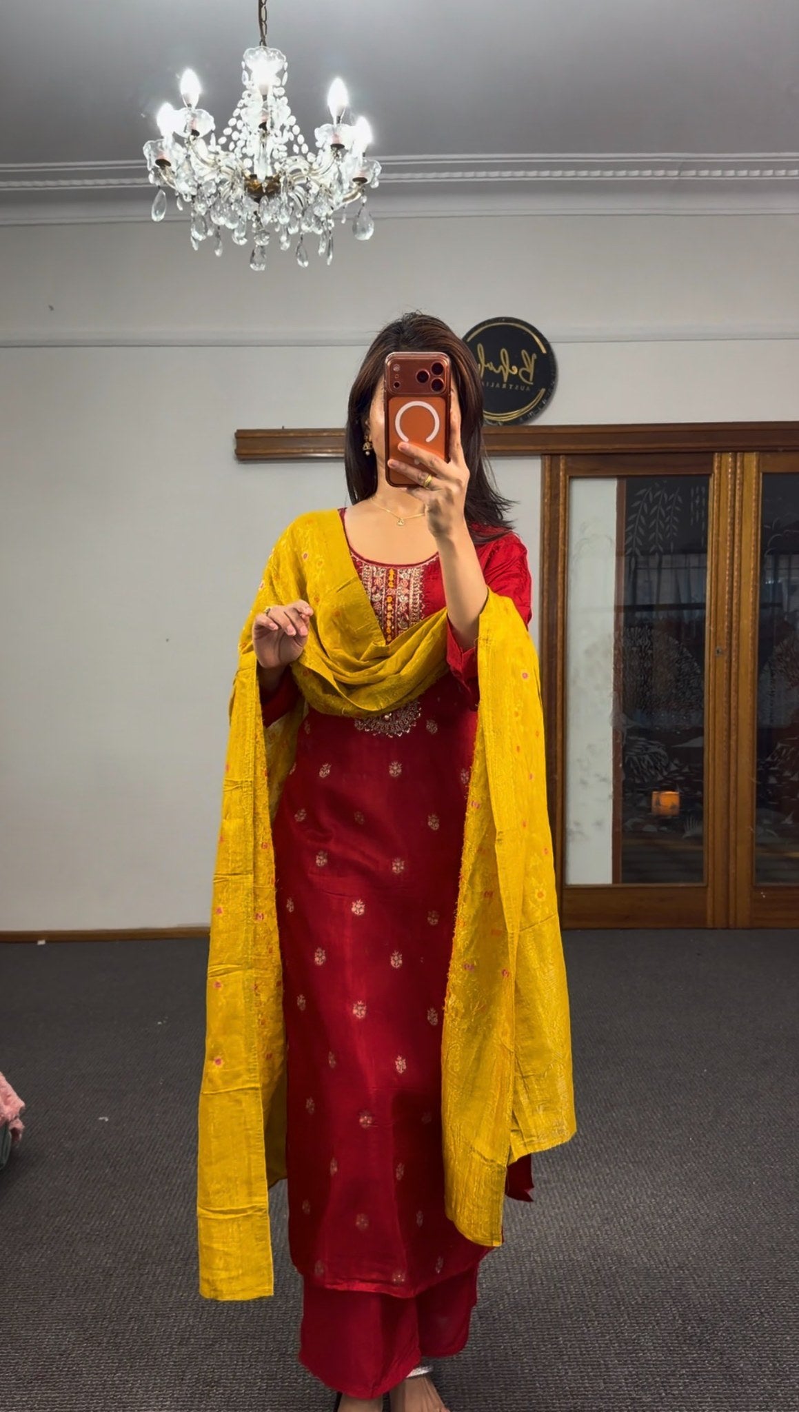 Fuchsia pure silk kurti set with zari kundan neckline embroidery and mustard chanderi dupatta — Behuli Australia — view 10