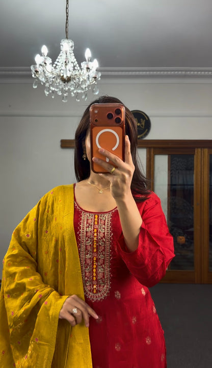 Fuchsia pure silk kurti set with zari kundan neckline embroidery and mustard chanderi dupatta — Behuli Australia — view 4