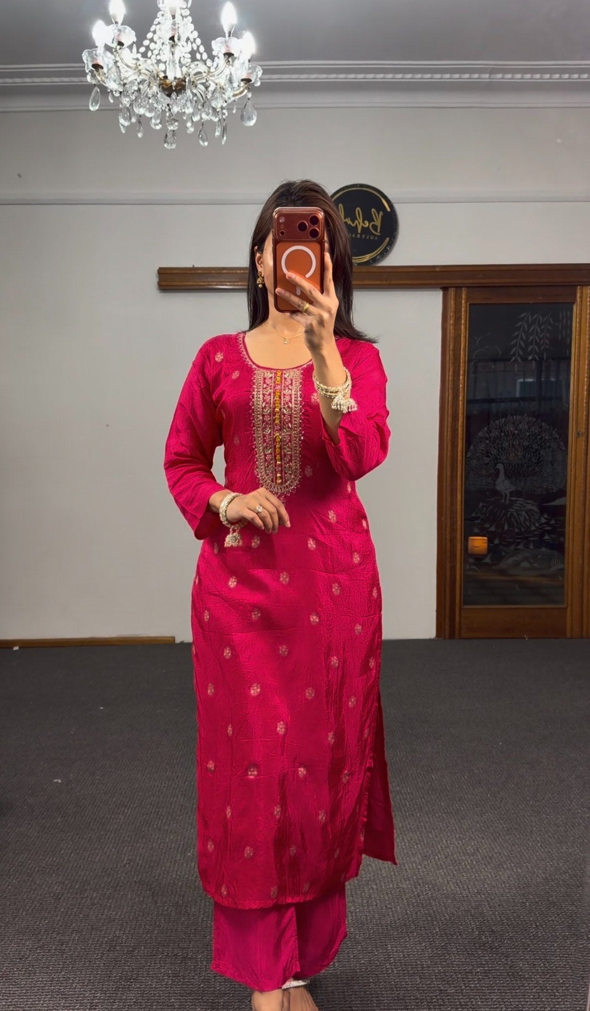 Fuchsia pure silk kurti set with zari kundan neckline embroidery and mustard chanderi dupatta — Behuli Australia — view 5