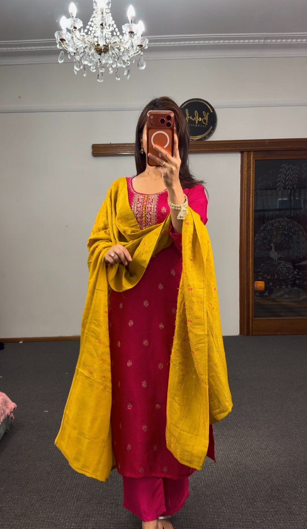 Fuchsia pure silk kurti set with zari kundan neckline embroidery and mustard chanderi dupatta — Behuli Australia — view 6