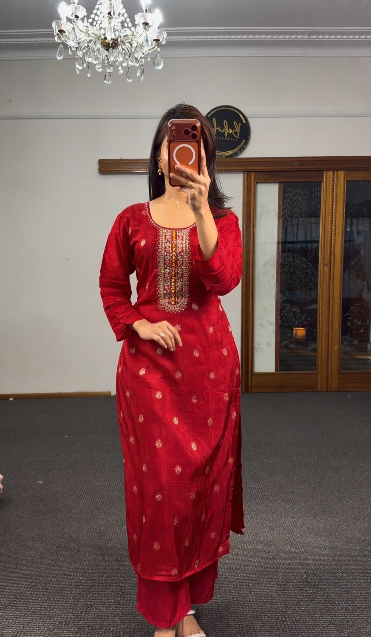 Fuchsia pure silk kurti set with zari kundan neckline embroidery and mustard chanderi dupatta — Behuli Australia — view 3