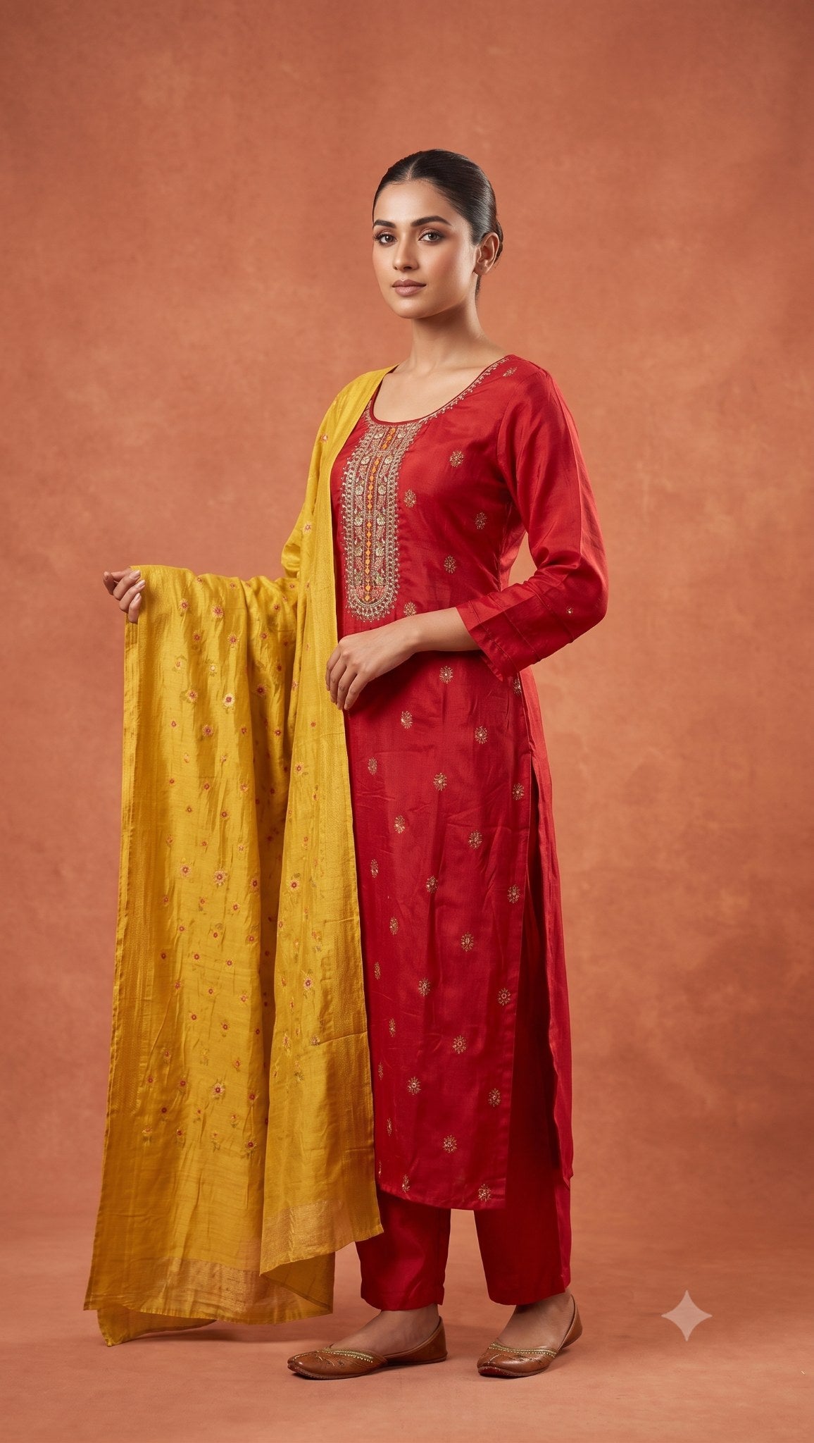 Fuchsia pure silk kurti set with zari kundan neckline embroidery and mustard chanderi dupatta — Behuli Australia — view 11