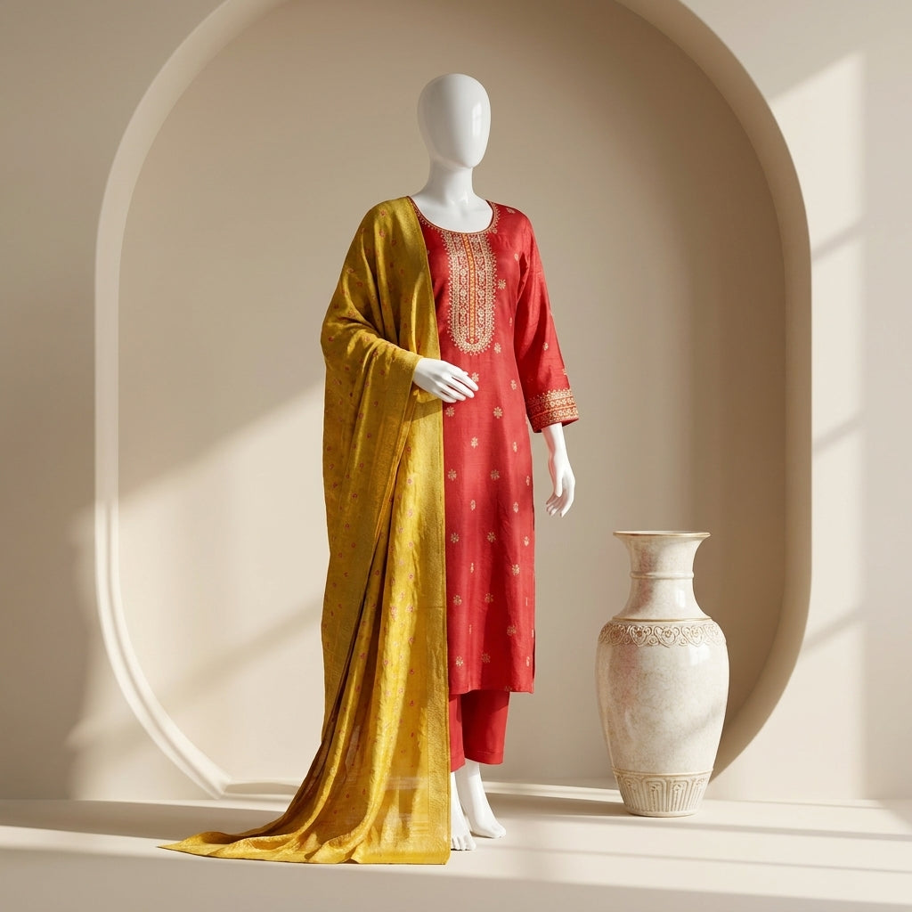 Fuchsia pure silk kurti set with zari kundan neckline embroidery and mustard chanderi dupatta — Behuli Australia — view 2
