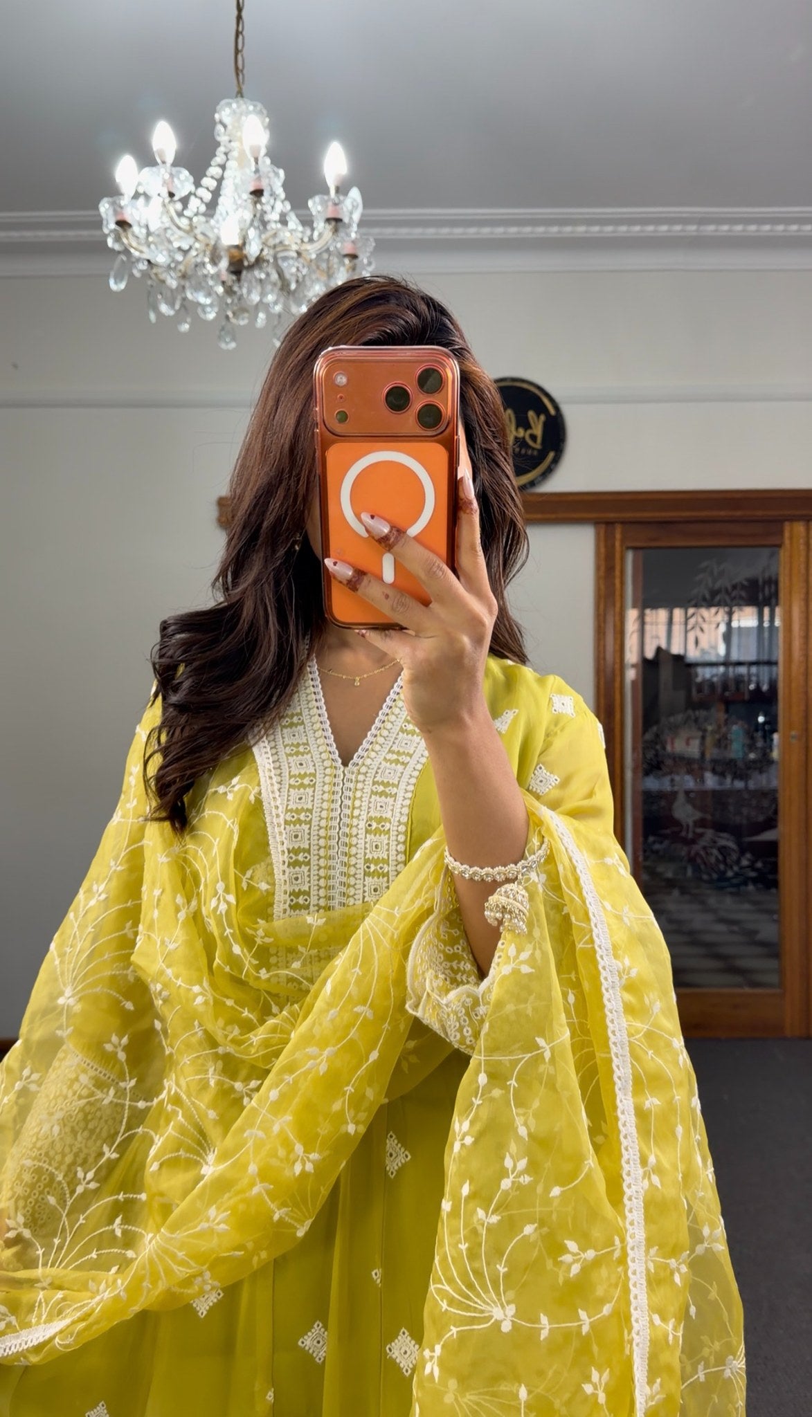 Lime yellow cotton Anarkali set with white Chikankari embroidery, diamond motifs and matching organza dupatta — Behuli — view 3