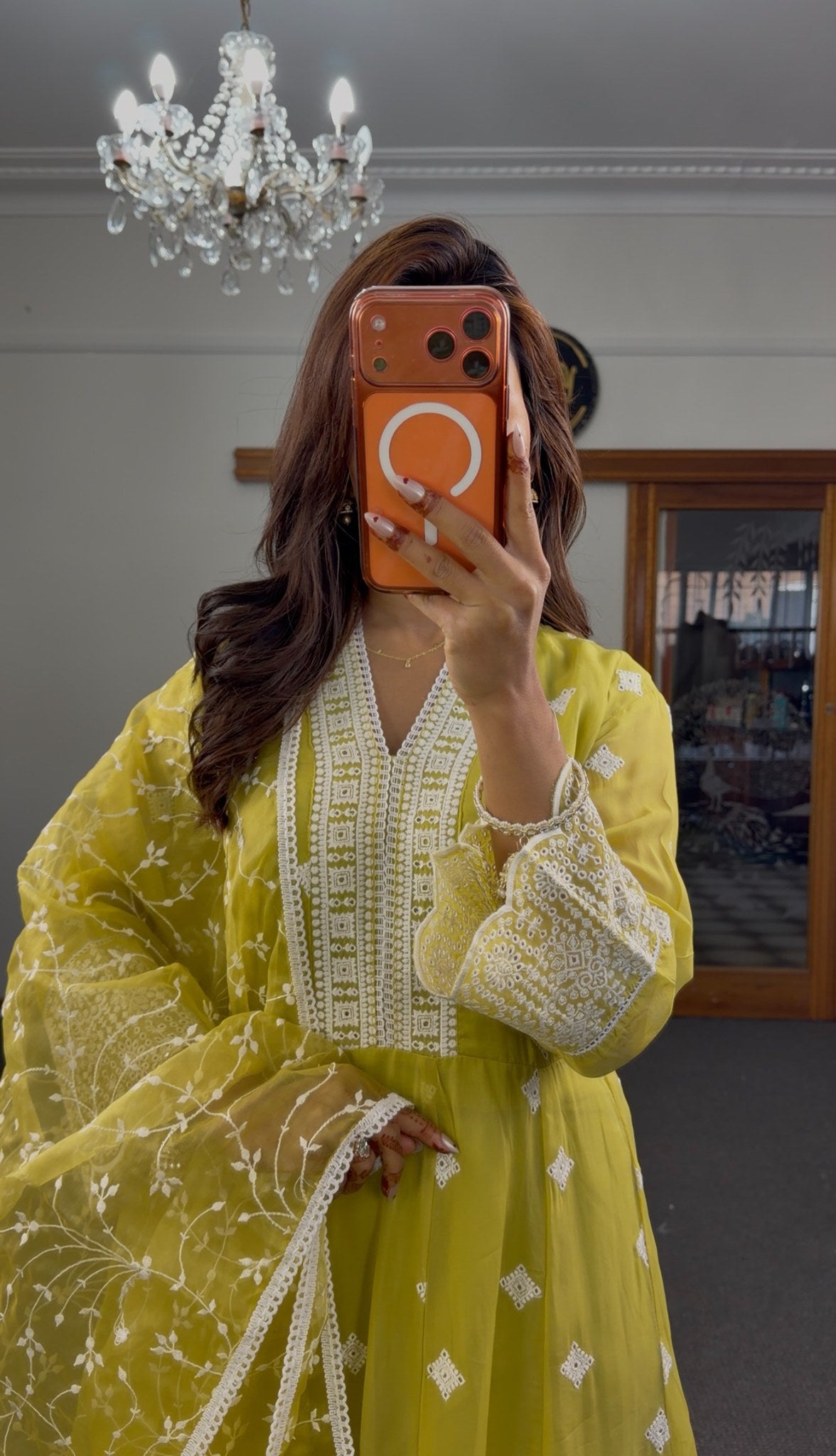 Lime yellow cotton Anarkali set with white Chikankari embroidery, diamond motifs and matching organza dupatta — Behuli — view 2