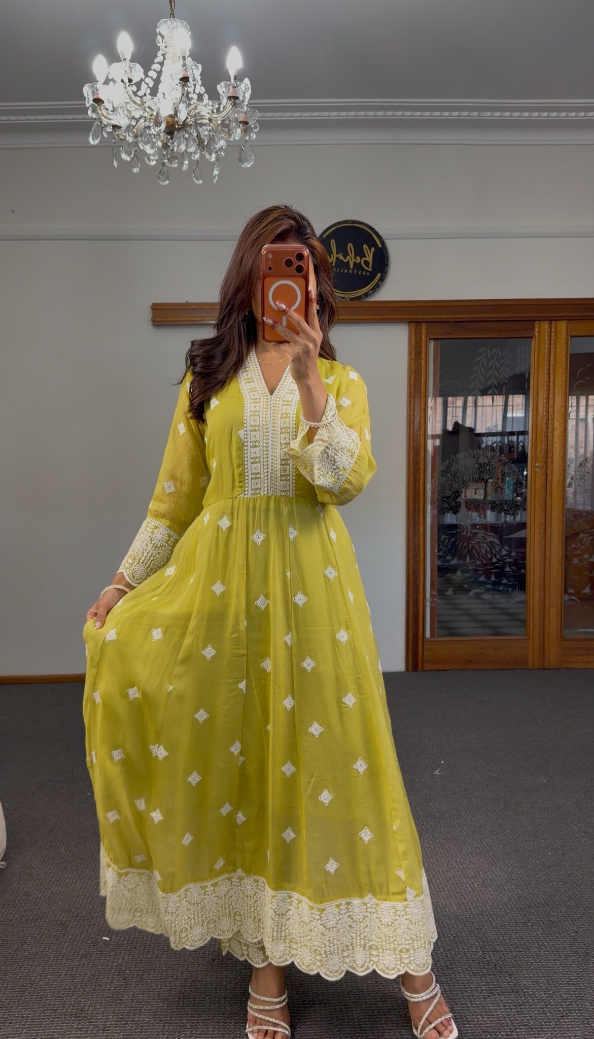 Lime yellow cotton Anarkali set with white Chikankari embroidery, diamond motifs and matching organza dupatta — Behuli — view 4