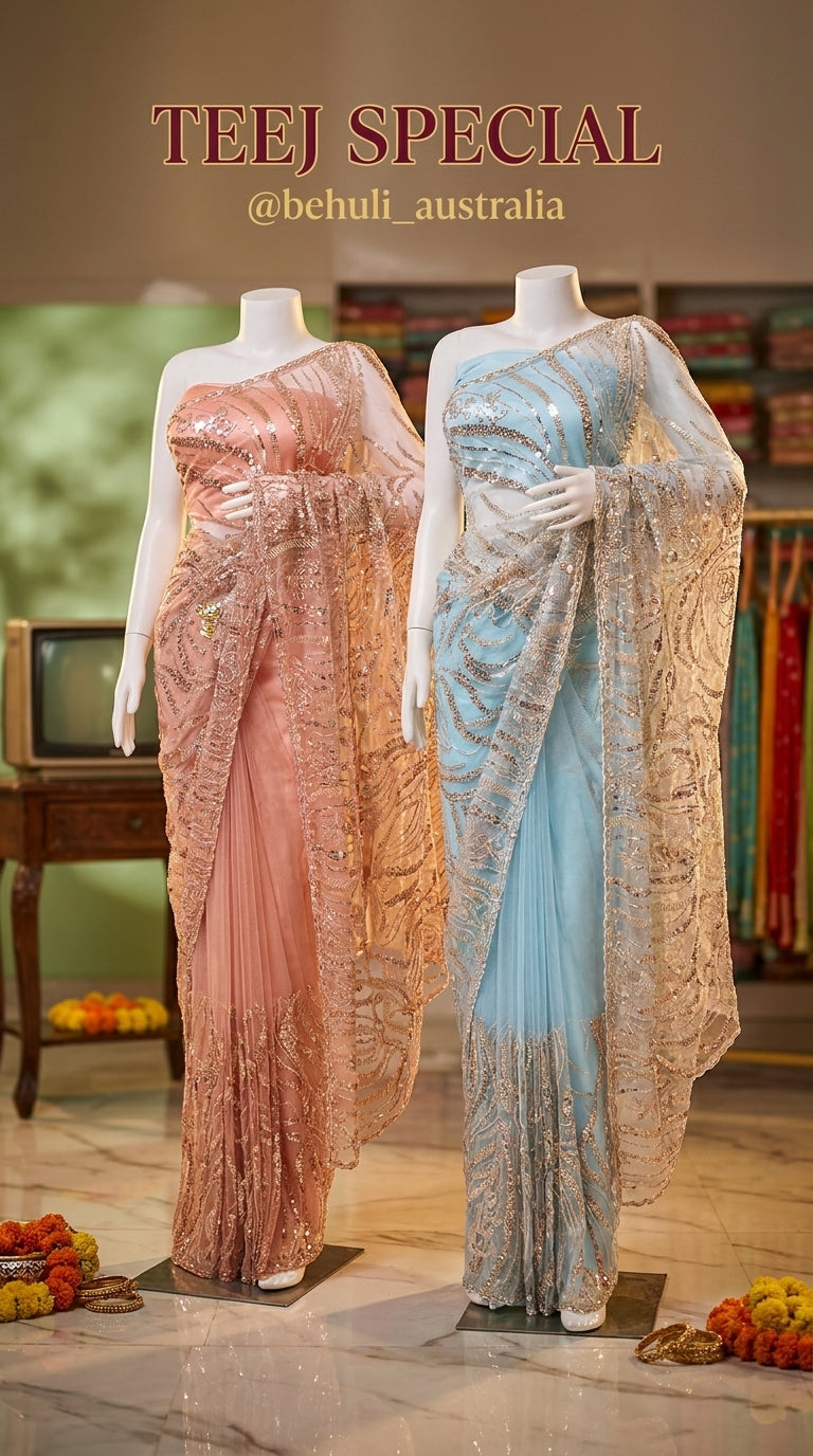 Three embellished net sarees in blue-grey, champagne gold and dusty rose with heavy sequin zari work for Teej — Behuli — view 2