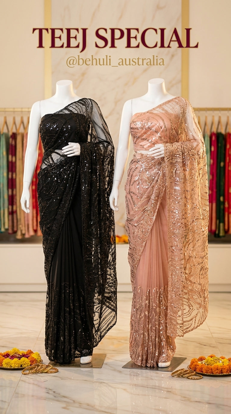 Three embellished net sarees in blue-grey, champagne gold and dusty rose with heavy sequin zari work for Teej — Behuli — view 3