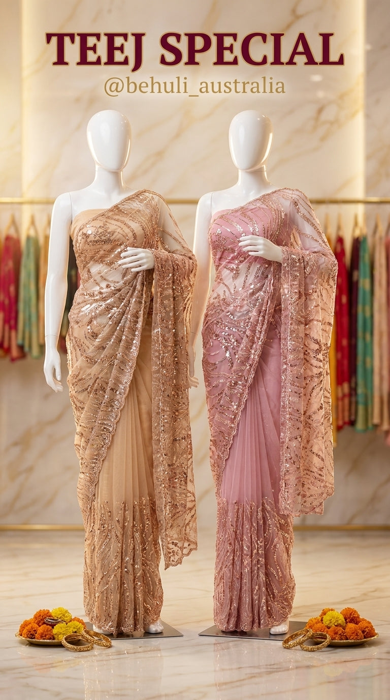 Three embellished net sarees in blue-grey, champagne gold and dusty rose with heavy sequin zari work for Teej — Behuli — view 6