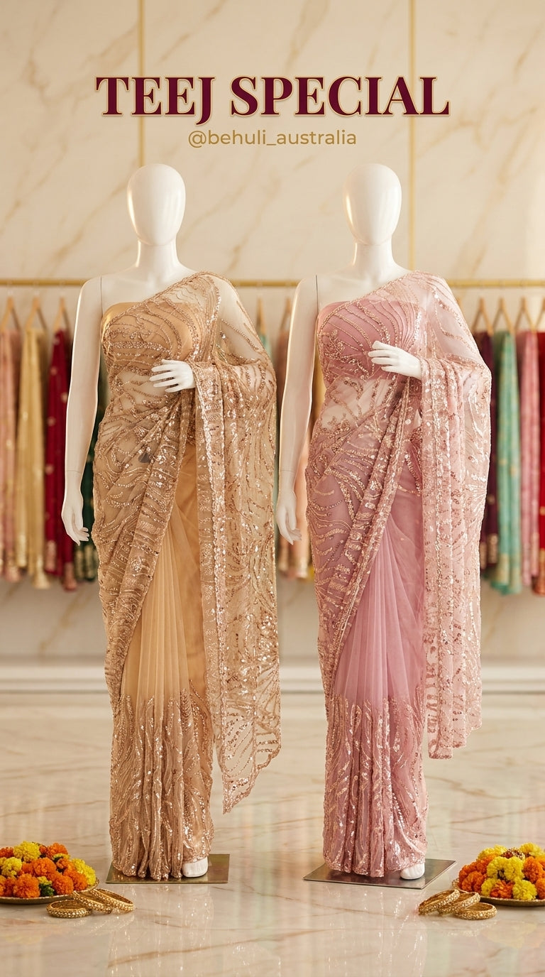 Three embellished net sarees in blue-grey, champagne gold and dusty rose with heavy sequin zari work for Teej — Behuli — view 7