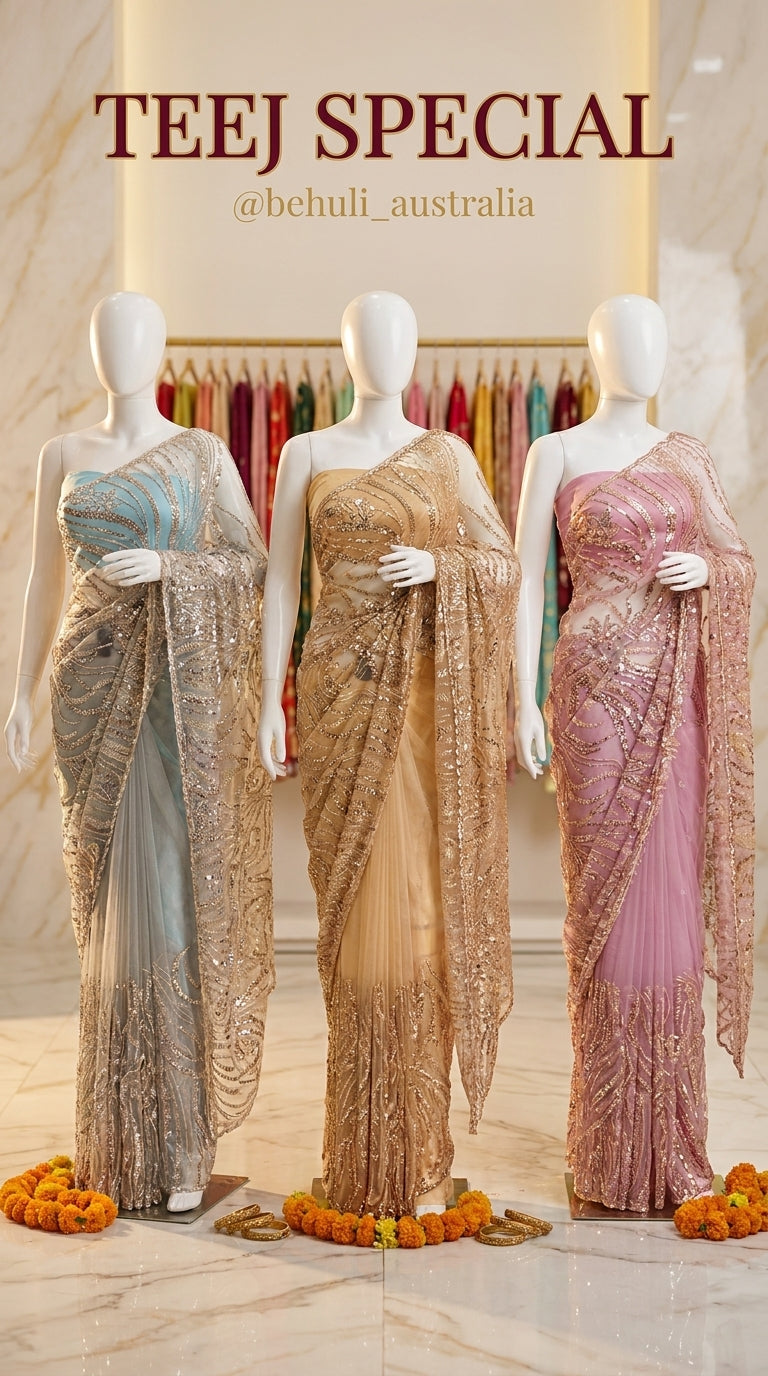 Three embellished net sarees in blue-grey, champagne gold and dusty rose with heavy sequin zari work for Teej — Behuli