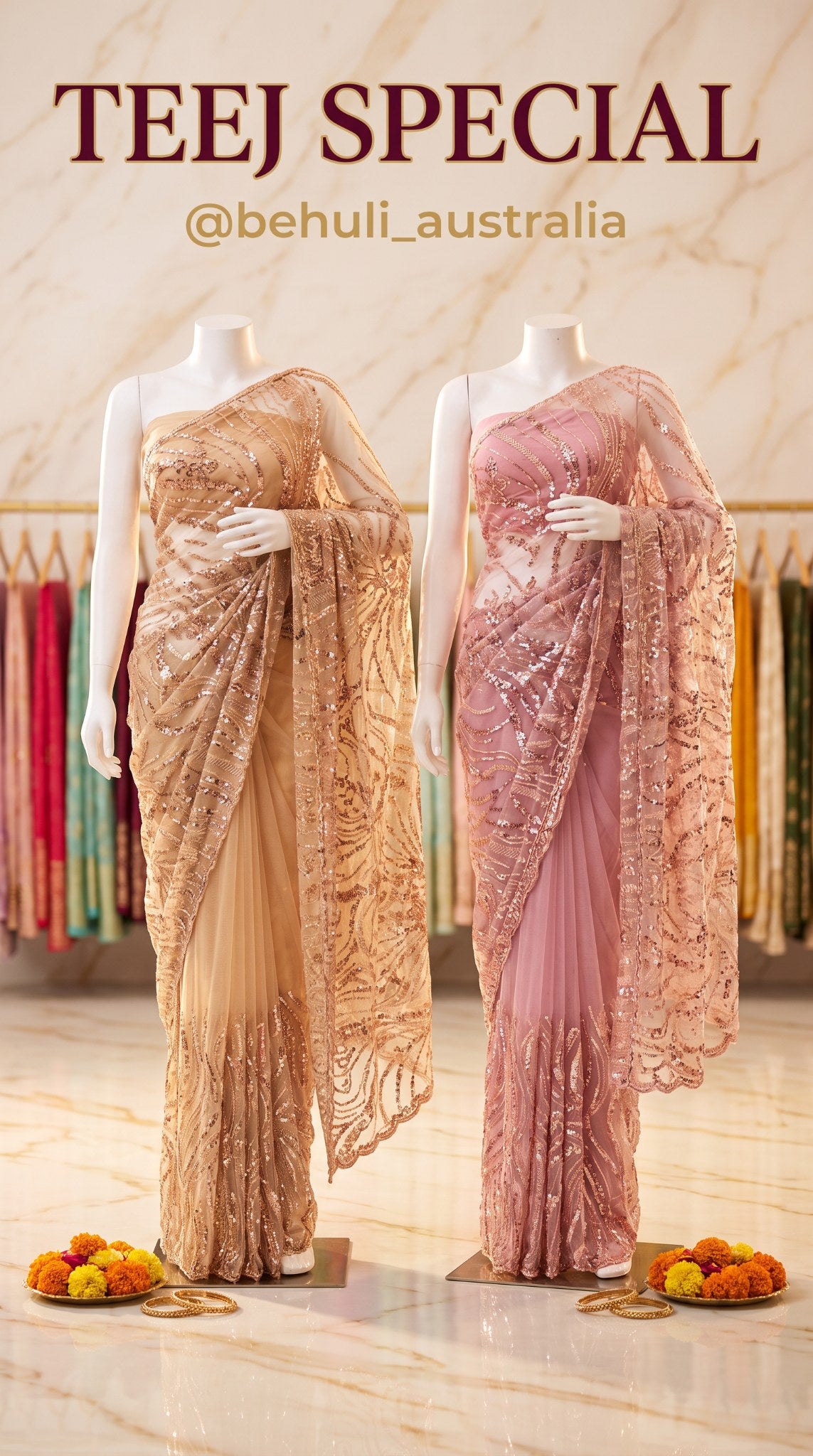 Three embellished net sarees in blue-grey, champagne gold and dusty rose with heavy sequin zari work for Teej — Behuli — view 4