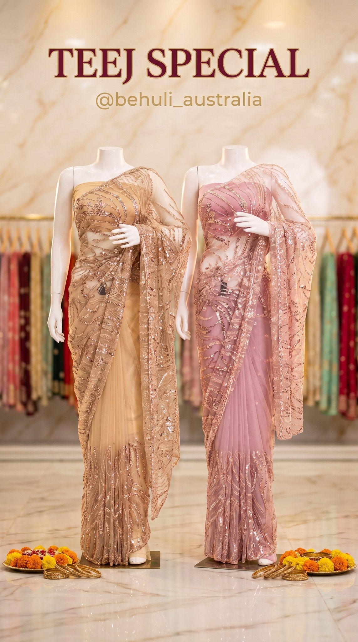 Three embellished net sarees in blue-grey, champagne gold and dusty rose with heavy sequin zari work for Teej — Behuli — view 5