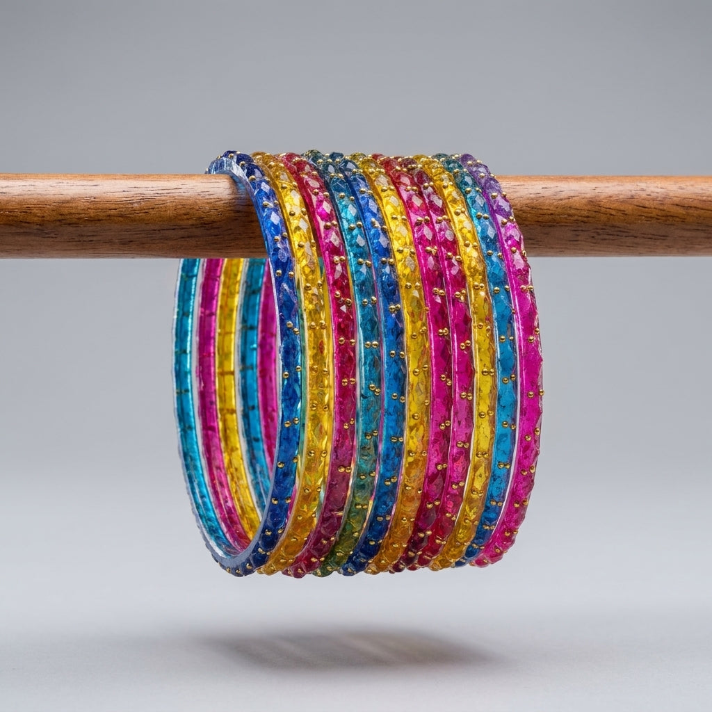 Multicolour crystal glass bangles in fuchsia, cobalt, teal and mustard with gold bead detailing stacked on wooden display —
