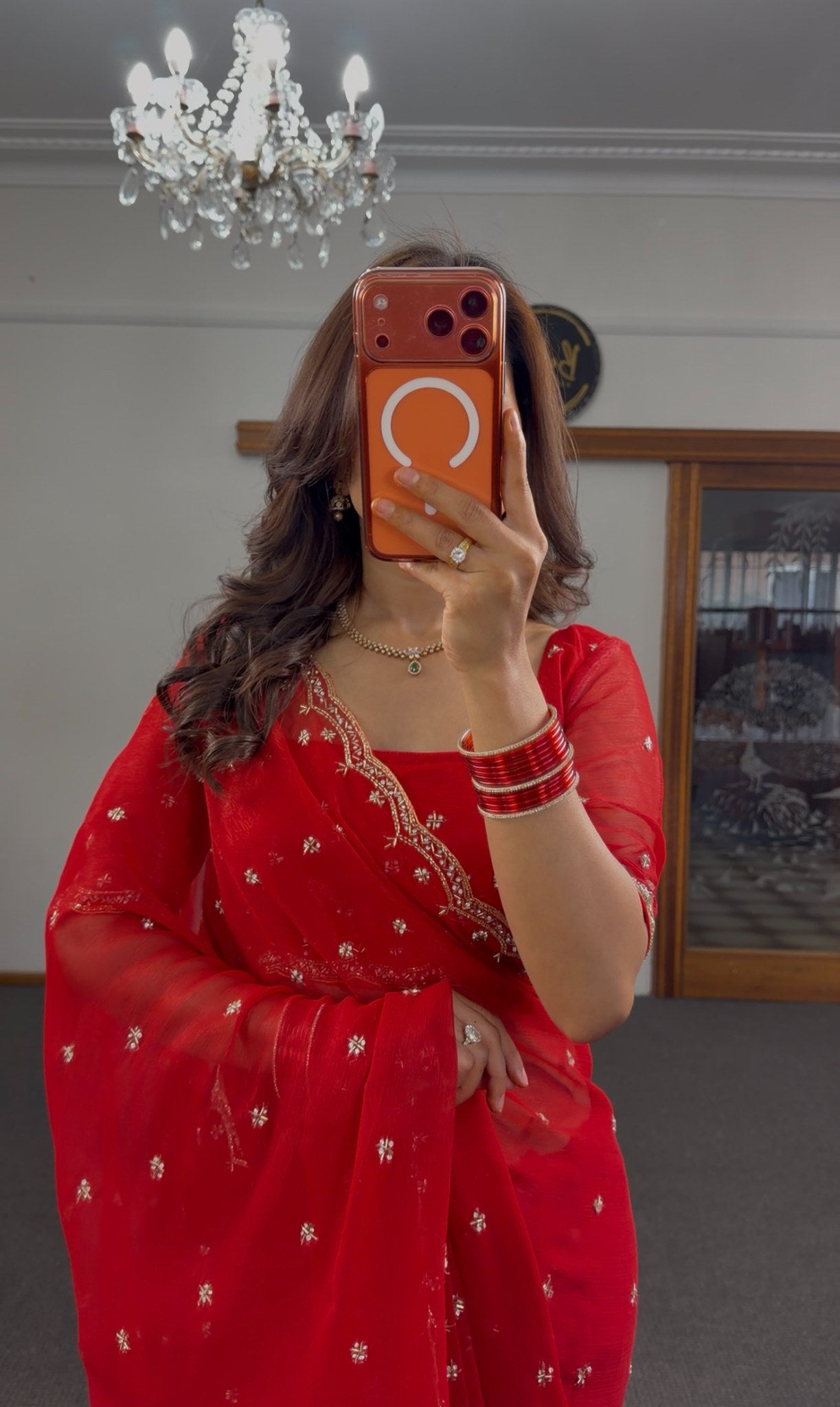 Scarlet red organza saree with gold zari floral butti embroidery and embroidered blouse — Behuli Australia