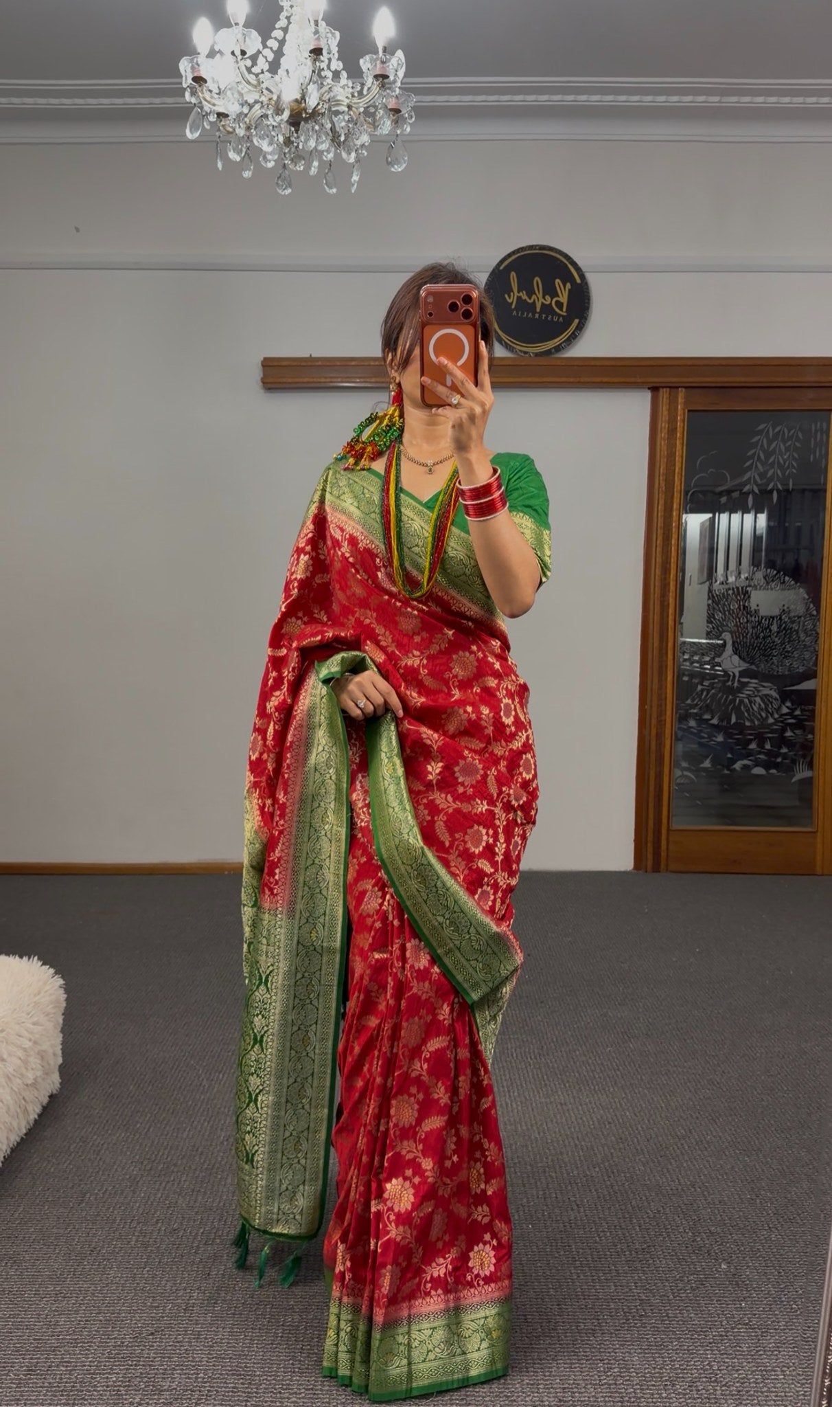 Crimson red Banarasi silk saree with all-over gold zari floral brocade and green gold zari border — Behuli Australia