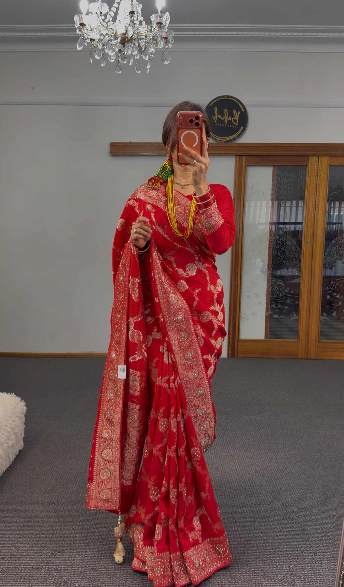 Red Pure Khaddi Georgette Saree with all-over gold zari woven floral motifs and ornate zari border — Behuli Australia