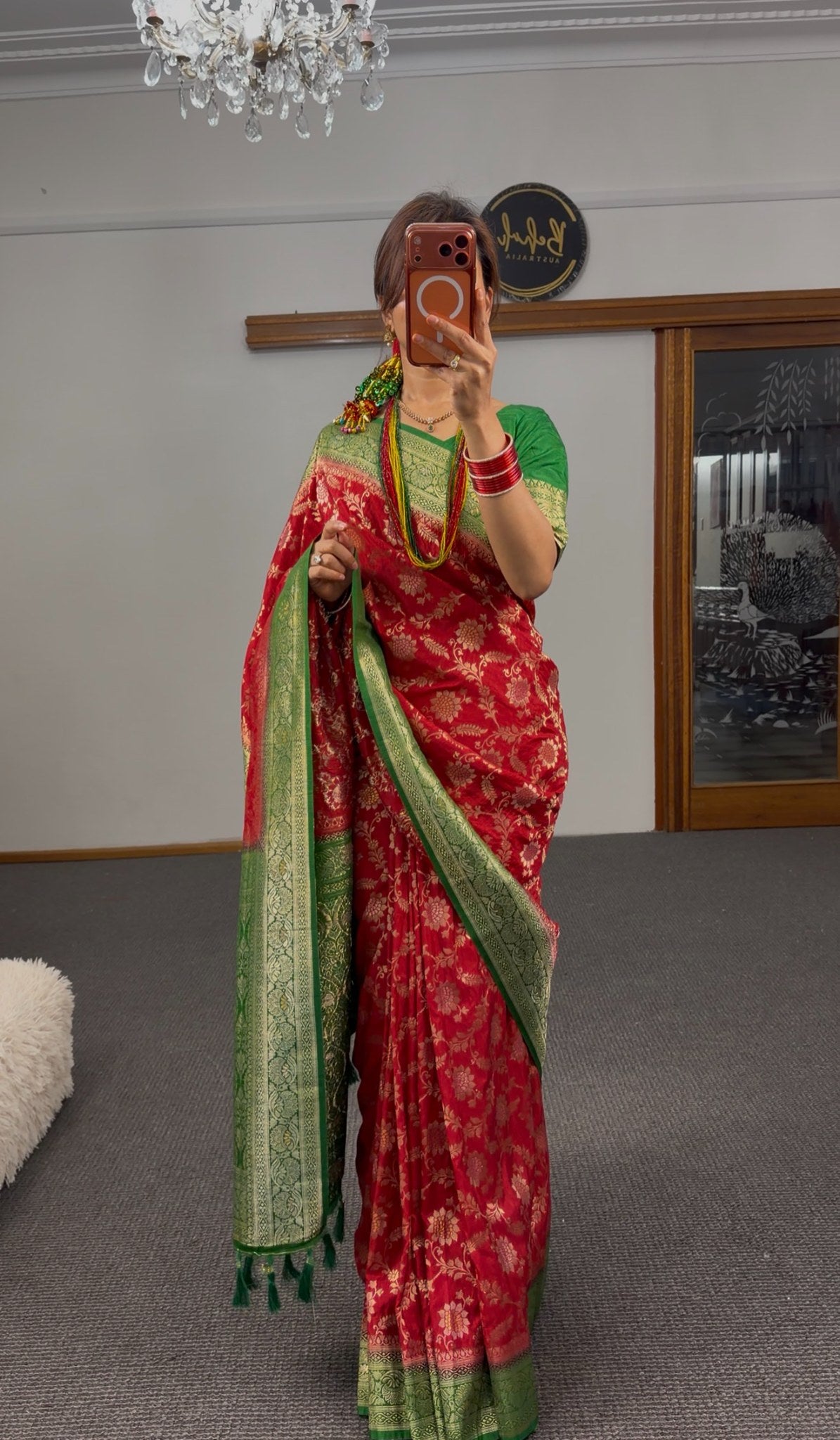 Crimson red Banarasi silk saree with all-over gold zari floral brocade and green gold zari border — Behuli Australia — view 2