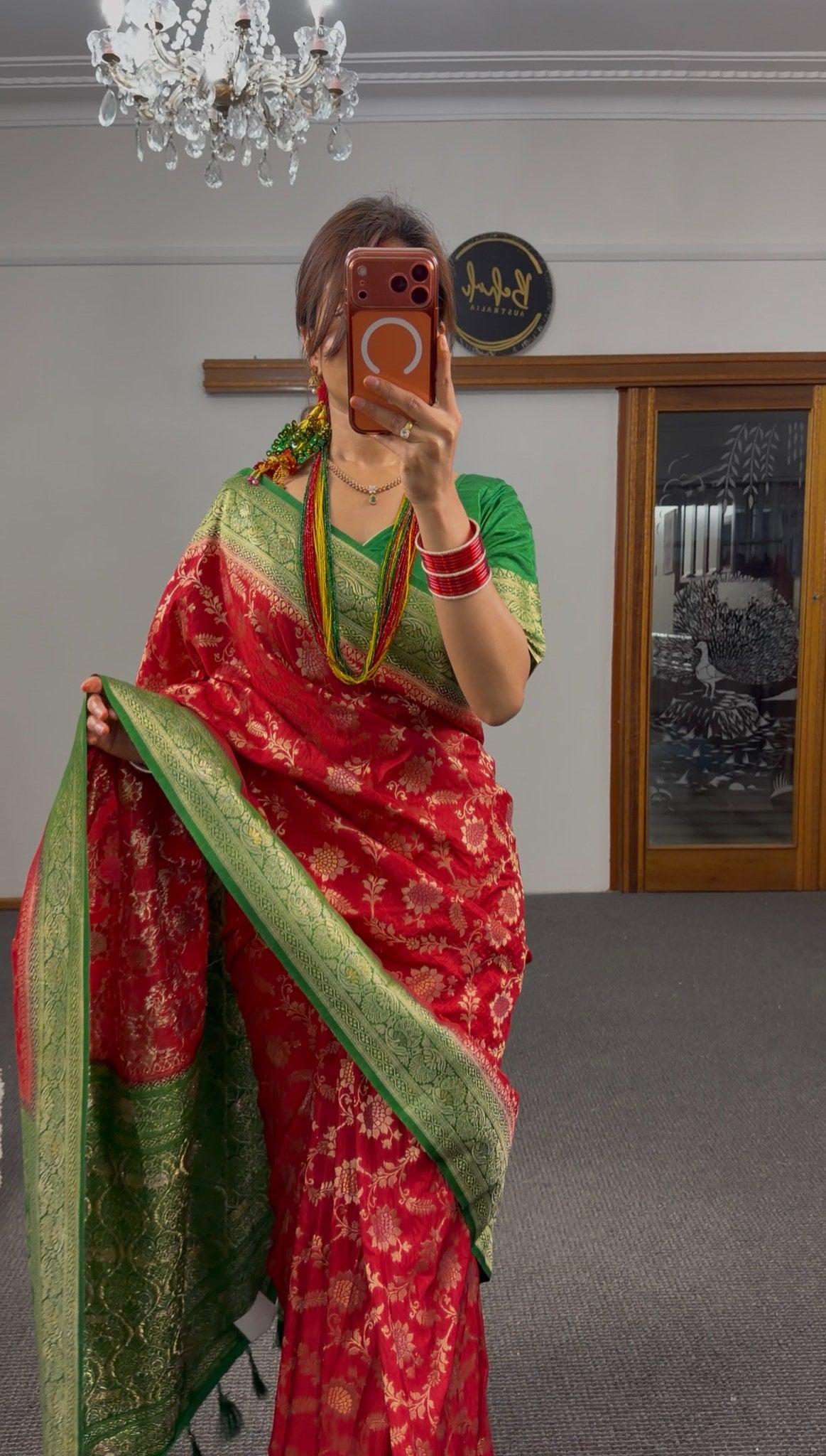 Crimson red Banarasi silk saree with all-over gold zari floral brocade and green gold zari border — Behuli Australia — view 5