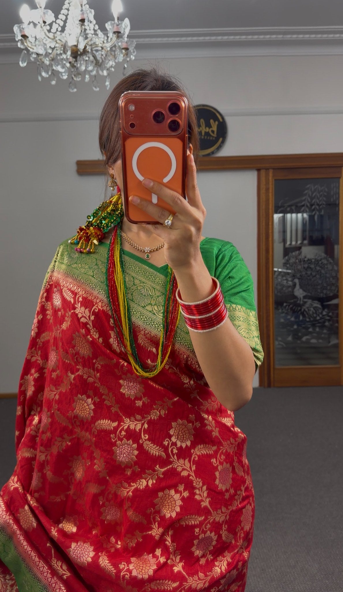 Crimson red Banarasi silk saree with all-over gold zari floral brocade and green gold zari border — Behuli Australia — view 3