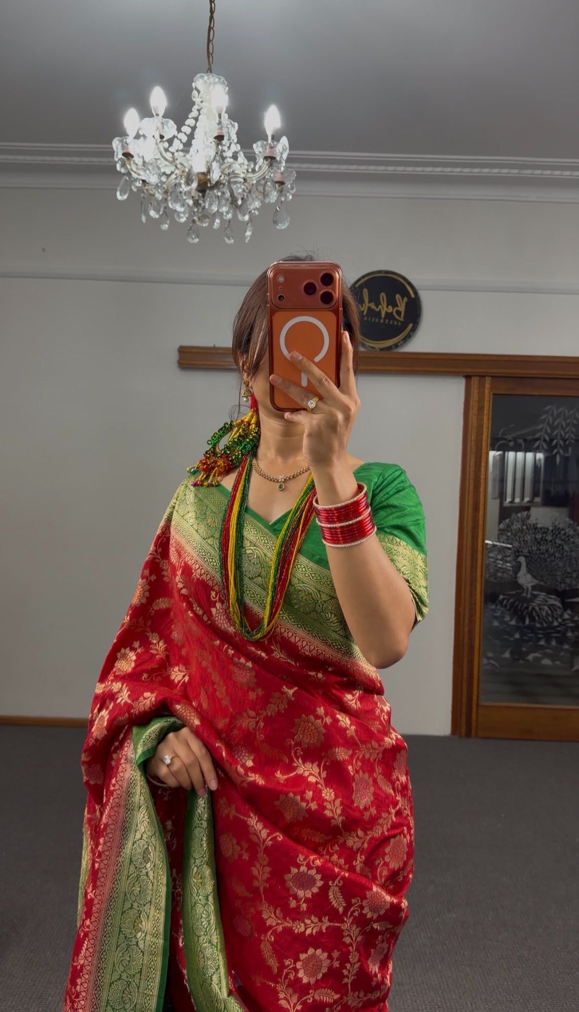 Crimson red Banarasi silk saree with all-over gold zari floral brocade and green gold zari border — Behuli Australia — view 6