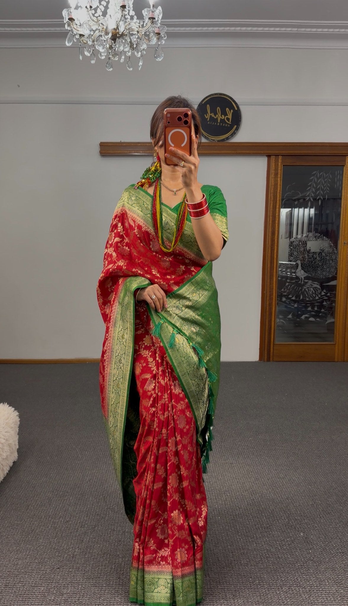 Crimson red Banarasi silk saree with all-over gold zari floral brocade and green gold zari border — Behuli Australia — view 4