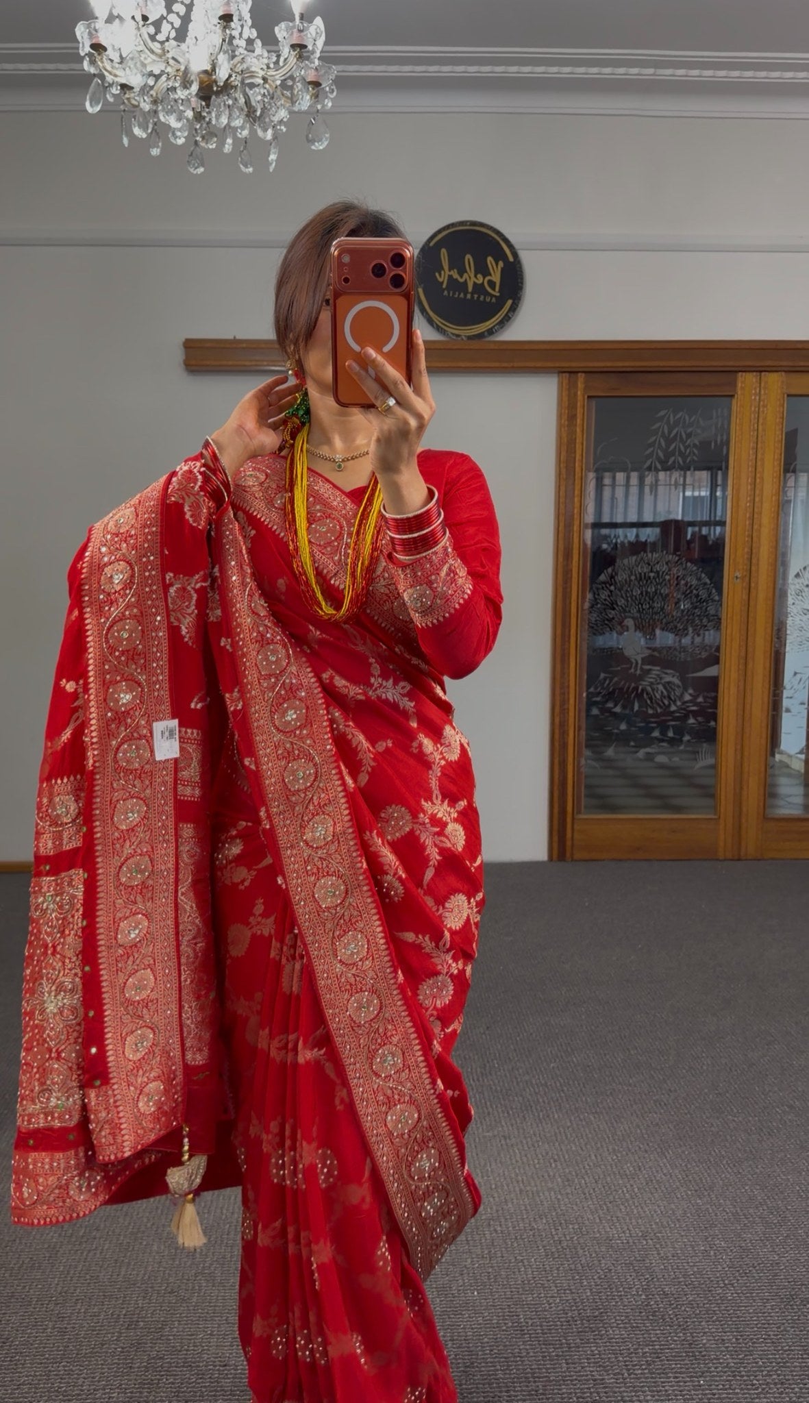 Red Pure Khaddi Georgette Saree with all-over gold zari woven floral motifs and ornate zari border — Behuli Australia — view 8