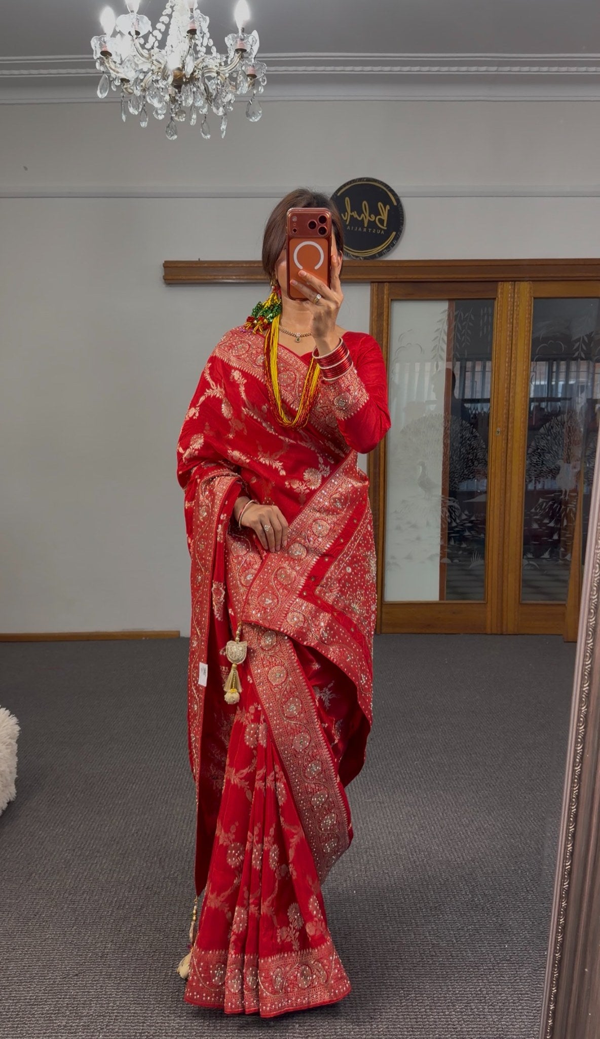 Red Pure Khaddi Georgette Saree with all-over gold zari woven floral motifs and ornate zari border — Behuli Australia — view 10