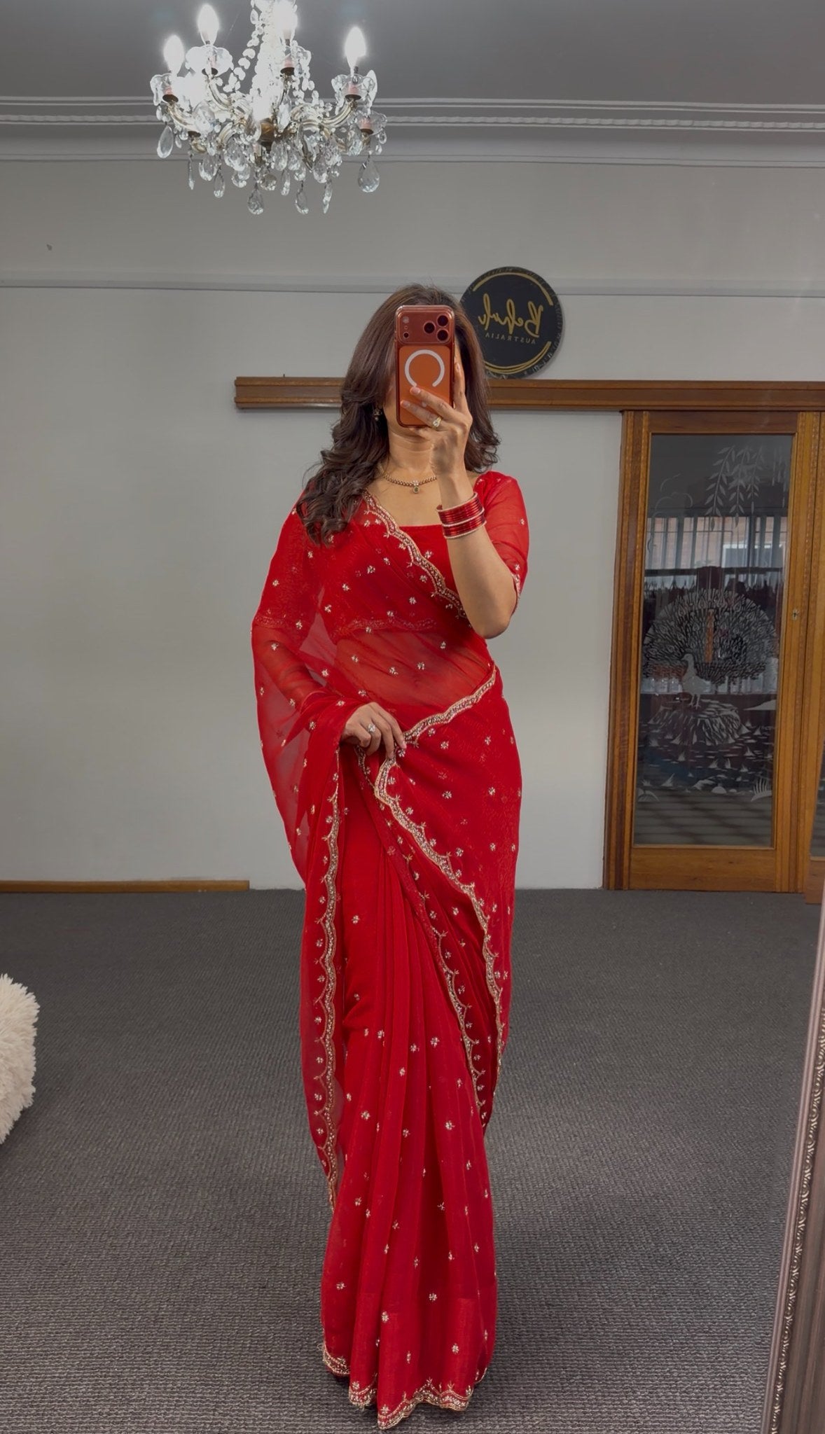 Scarlet red organza saree with gold zari floral butti embroidery and embroidered blouse — Behuli Australia — view 8