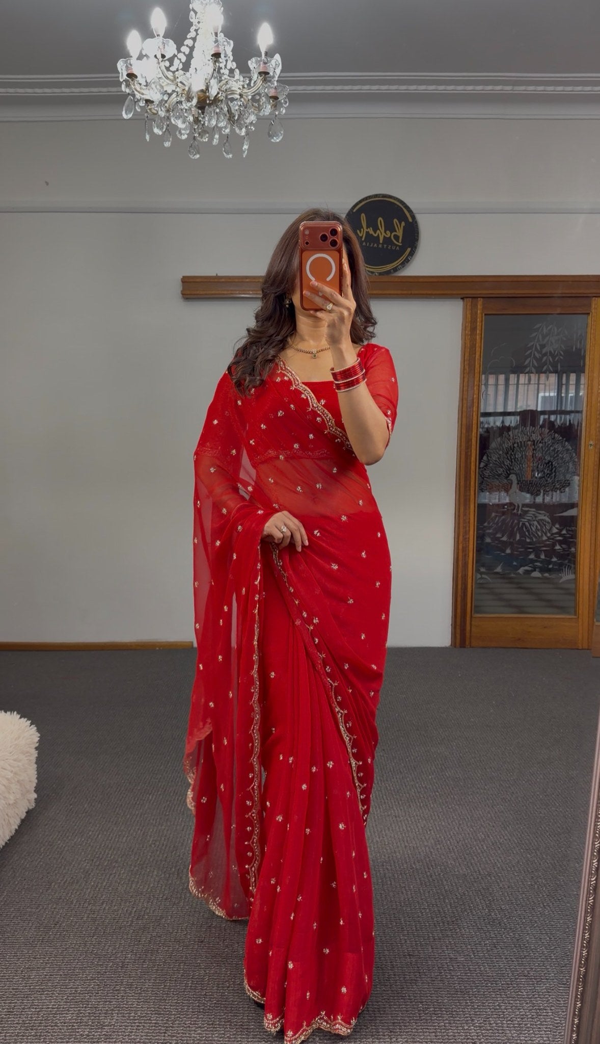 Scarlet red organza saree with gold zari floral butti embroidery and embroidered blouse — Behuli Australia — view 9
