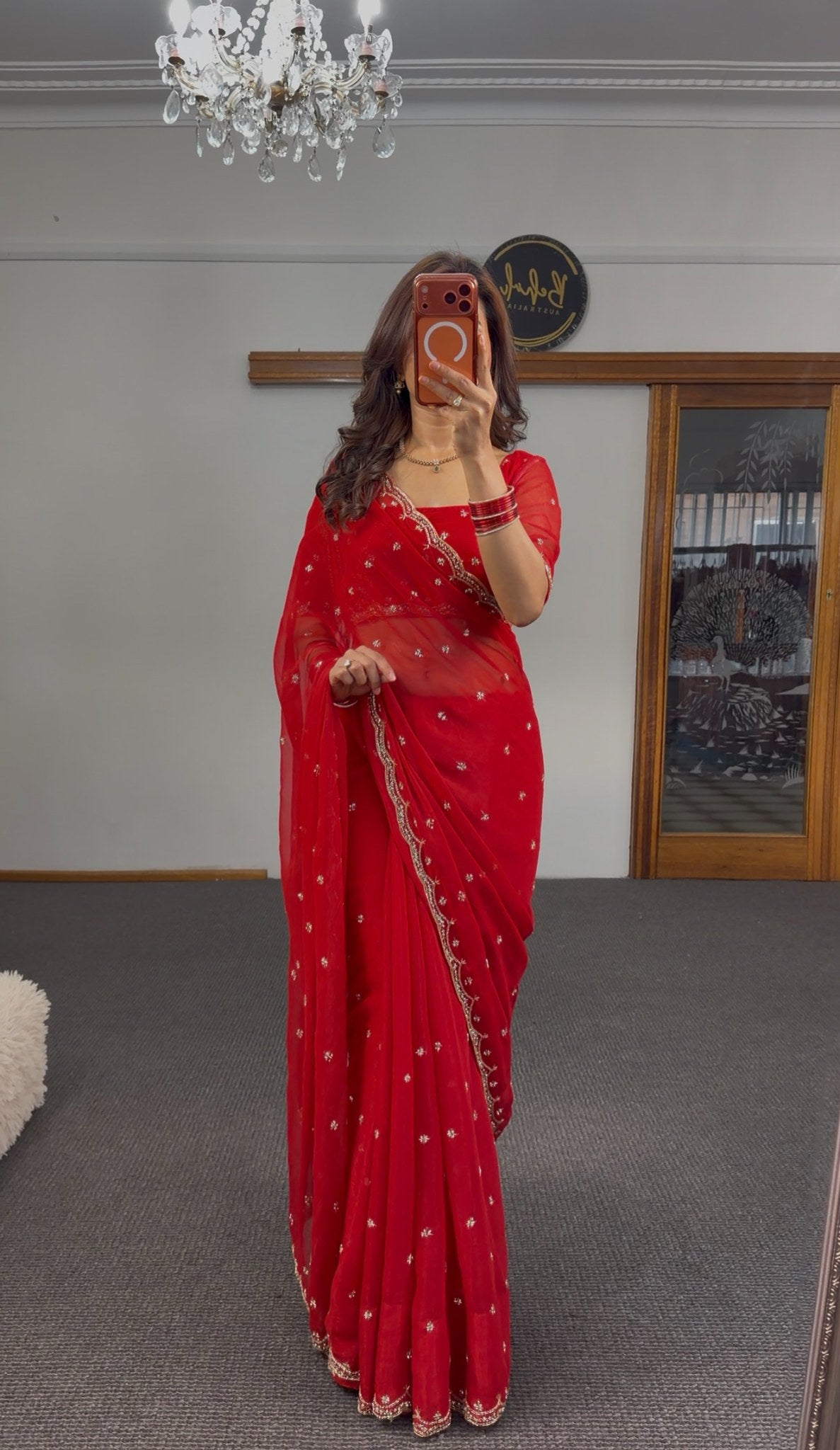Scarlet red organza saree with gold zari floral butti embroidery and embroidered blouse — Behuli Australia — view 3