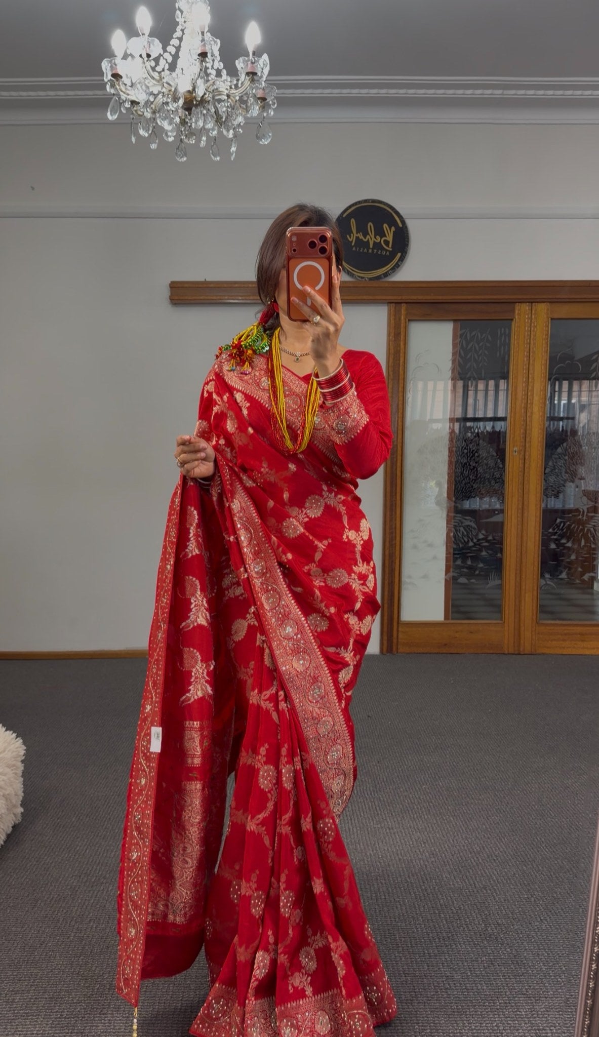 Red Pure Khaddi Georgette Saree with all-over gold zari woven floral motifs and ornate zari border — Behuli Australia — view 2