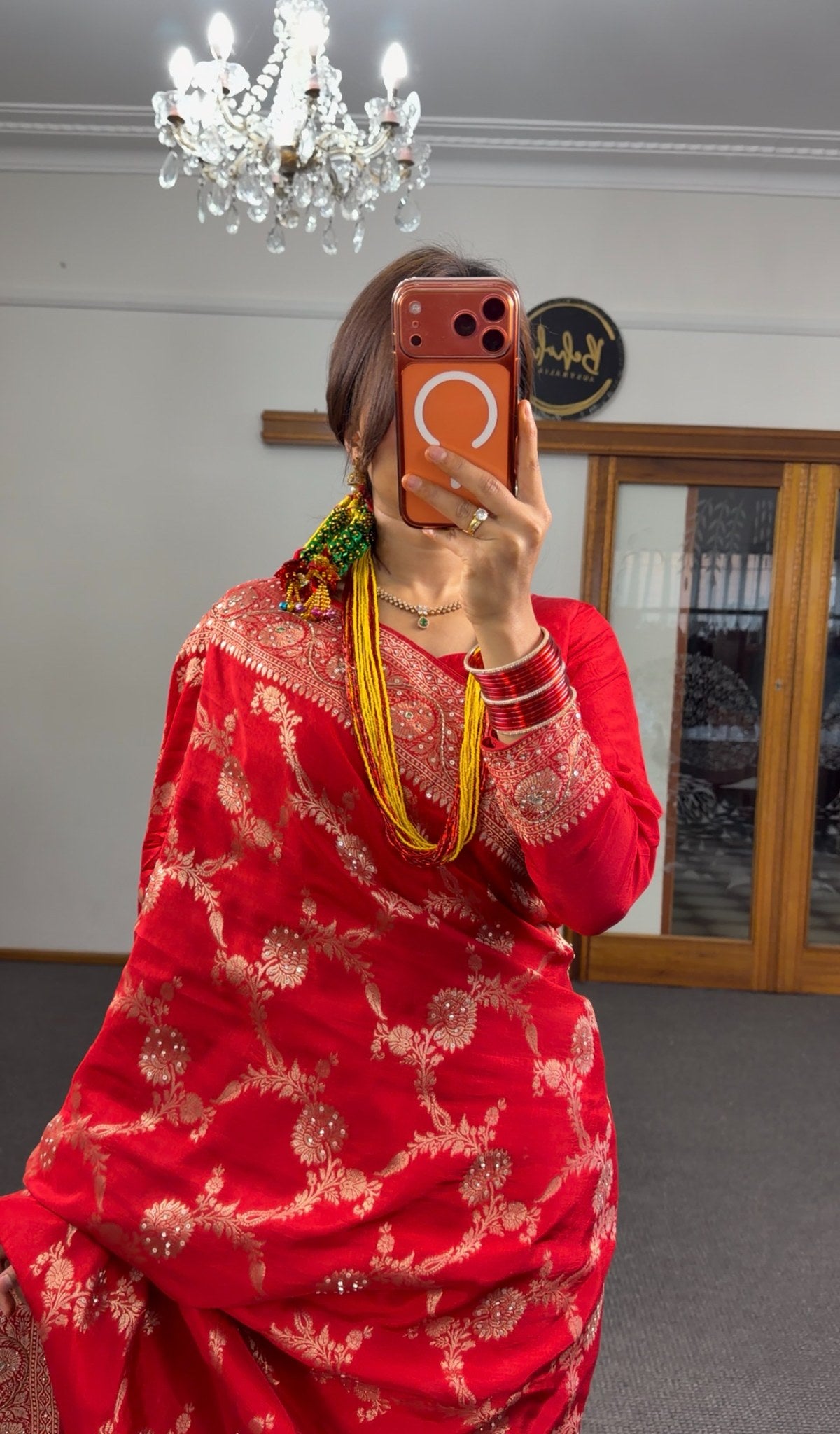 Red Pure Khaddi Georgette Saree with all-over gold zari woven floral motifs and ornate zari border — Behuli Australia — view 3