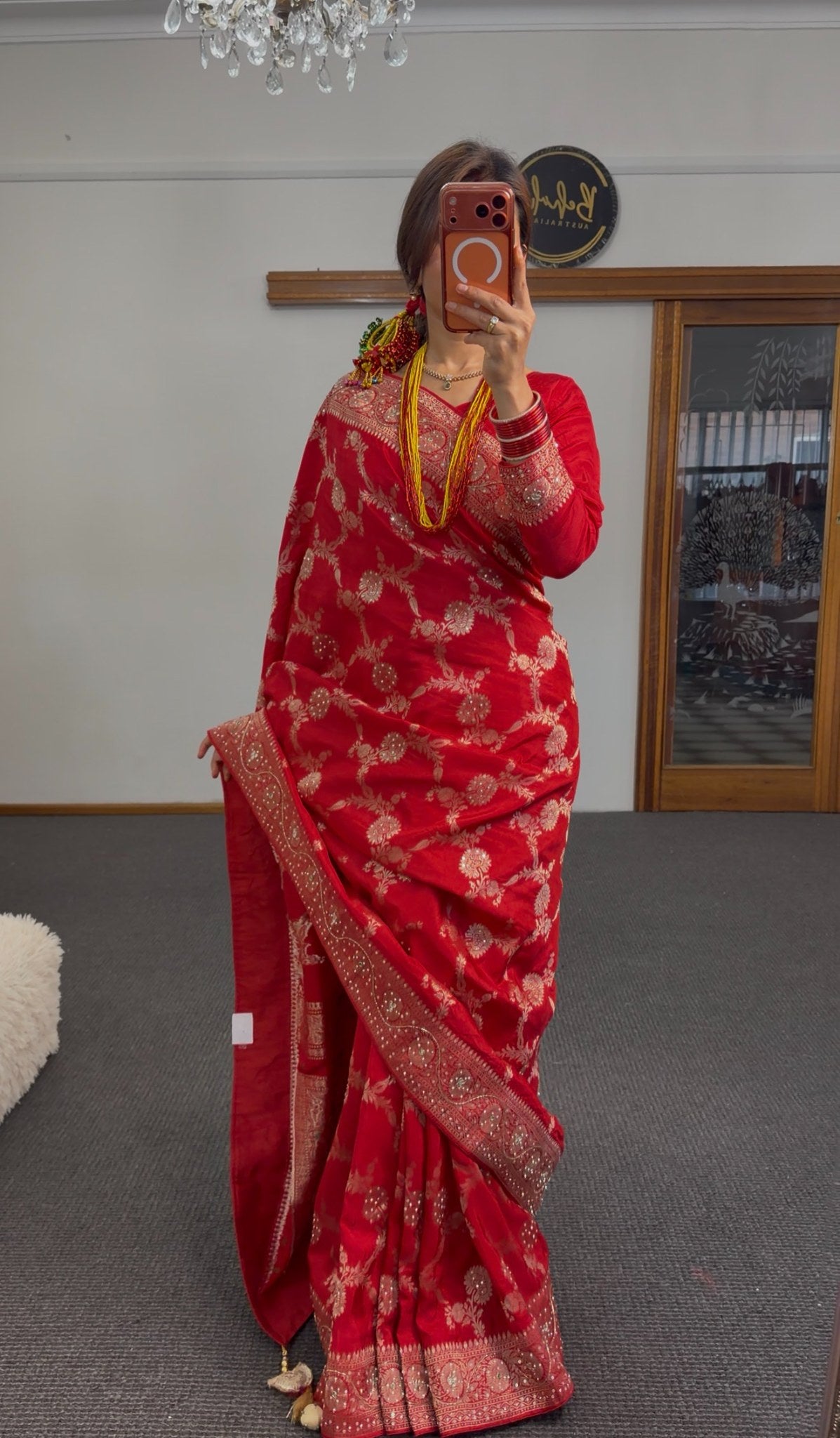 Red Pure Khaddi Georgette Saree with all-over gold zari woven floral motifs and ornate zari border — Behuli Australia — view 5
