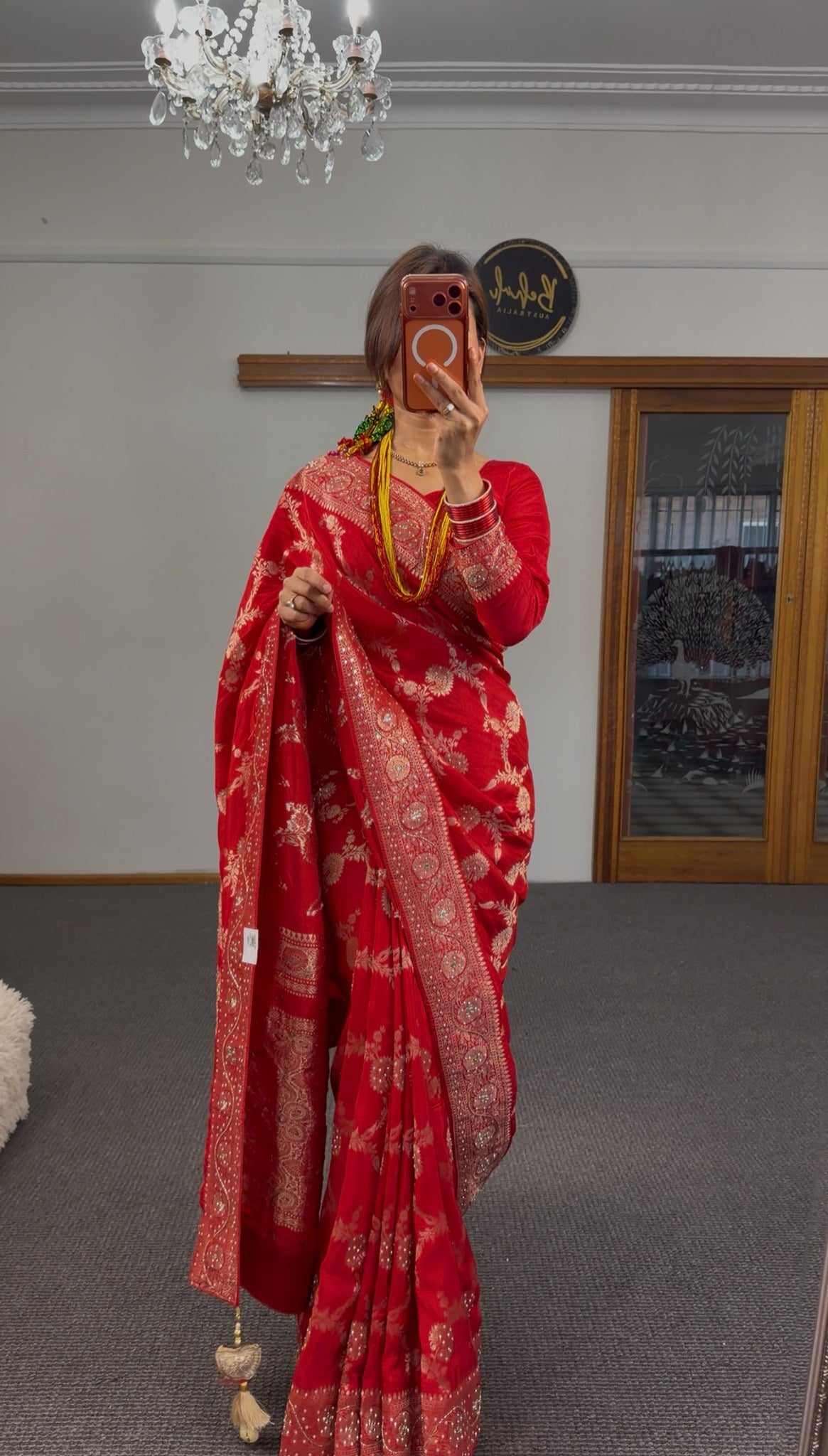 Red Pure Khaddi Georgette Saree with all-over gold zari woven floral motifs and ornate zari border — Behuli Australia — view 7