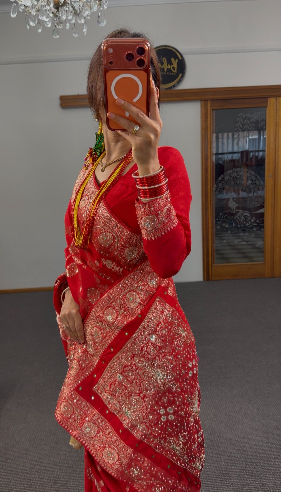 Red Pure Khaddi Georgette Saree with all-over gold zari woven floral motifs and ornate zari border — Behuli Australia — view 9