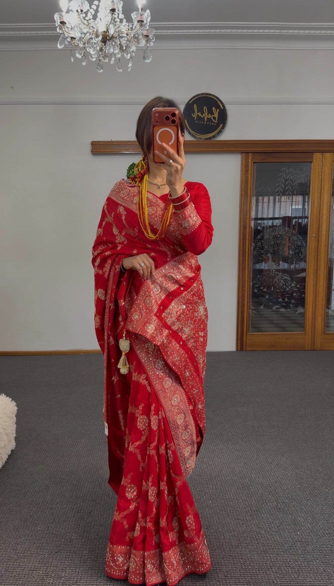 Red Pure Khaddi Georgette Saree with all-over gold zari woven floral motifs and ornate zari border — Behuli Australia — view 4
