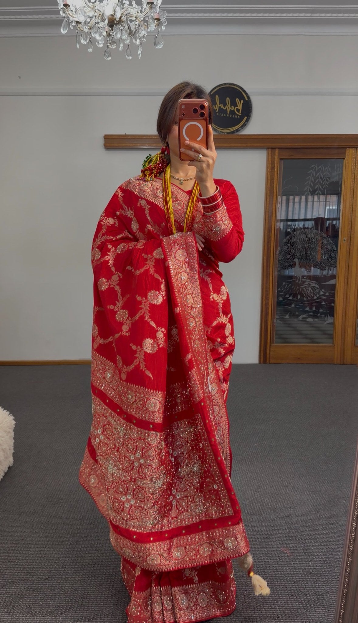 Red Pure Khaddi Georgette Saree with all-over gold zari woven floral motifs and ornate zari border — Behuli Australia — view 6