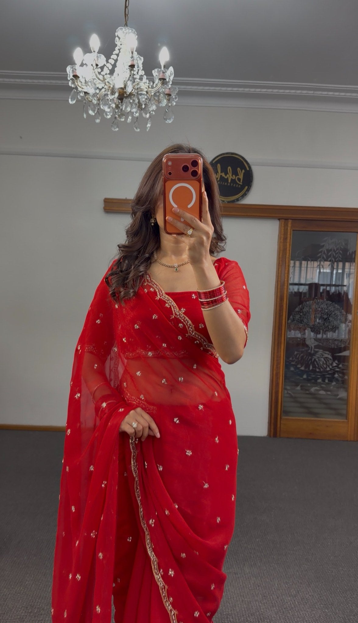 Scarlet red organza saree with gold zari floral butti embroidery and embroidered blouse — Behuli Australia — view 2