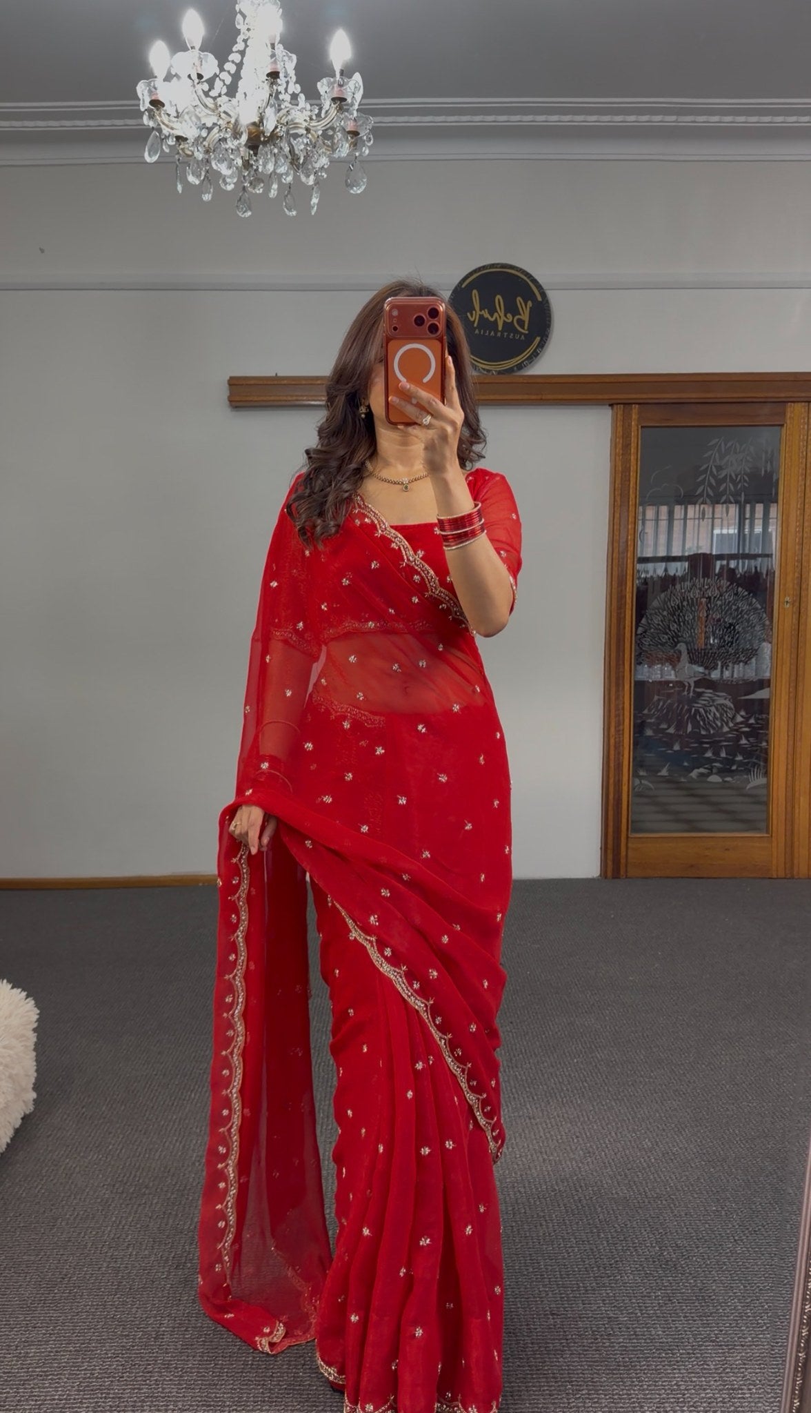 Scarlet red organza saree with gold zari floral butti embroidery and embroidered blouse — Behuli Australia — view 4